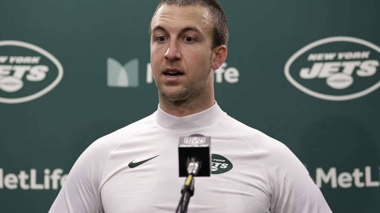 New York Jets quarterback Trevor Siemian answers questions during a news conference after playing against the Washington Commanders in an NFL football game, Sunday, Dec. 24, 2023, in East Rutherford, N.J.