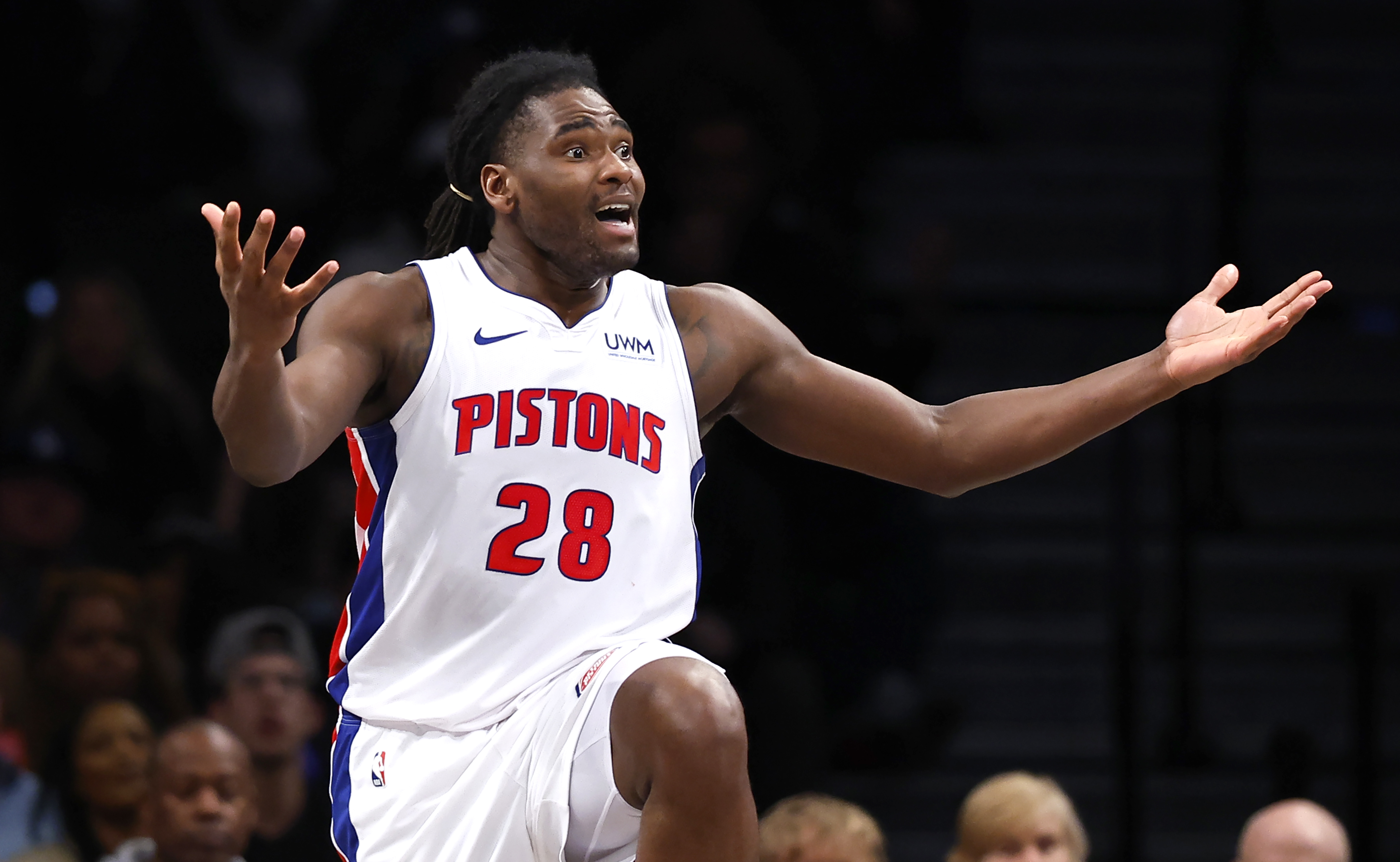 Detroit Pistons center Isaiah Stewart reacts after being charged with a foul against the Brooklyn Nets during the second half of an NBA basketball game, Saturday, Dec. 23, 2023, in New York. 