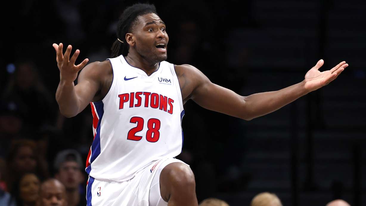 Detroit Pistons center Isaiah Stewart reacts after being charged with a foul against the Brooklyn Nets during the second half of an NBA basketball game, Saturday, Dec. 23, 2023, in New York.