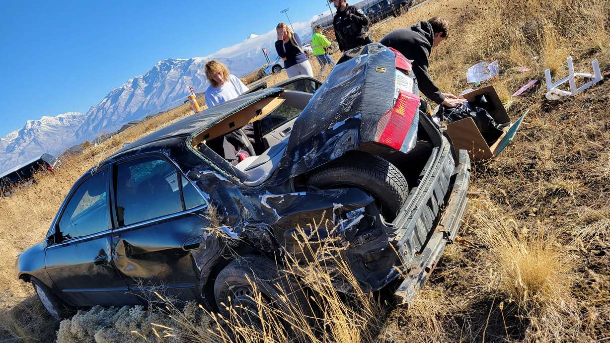 Sammie Bronson’s car, after firefighters flipped it back on its wheels. She had just purchased the car two weeks ago.