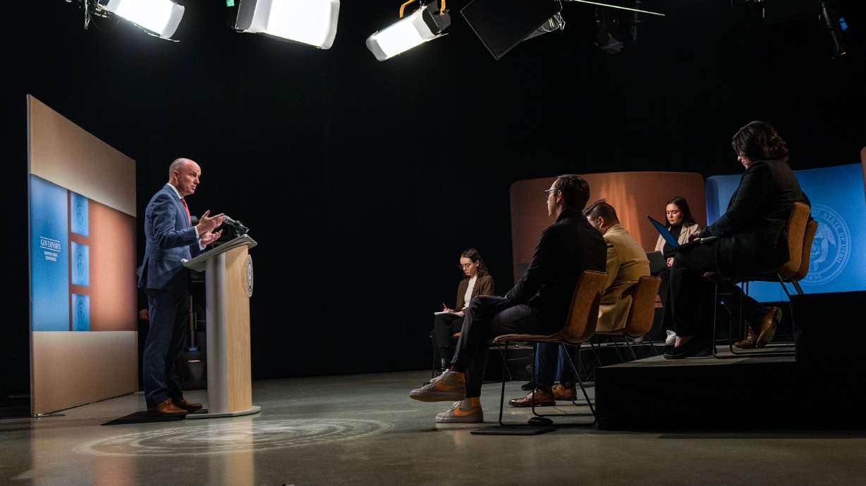 Gov. Spencer Cox speaks to media during a monthly news conference at PBS Utah at the Eccles Broadcast Center in Salt Lake City, Dec. 20.