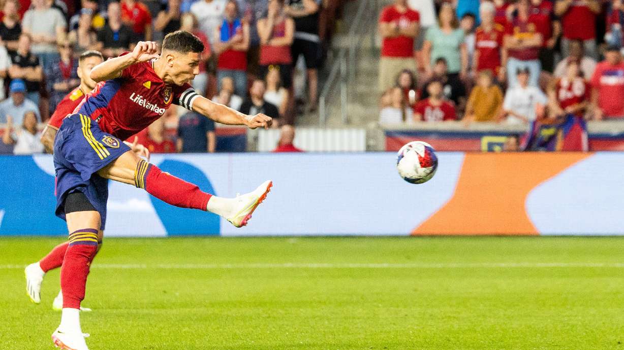 Real Salt Lake’s Damir Kreilach shoots the ball in the match against Orlando City at the America First Field in Sandy on Saturday, July 8, 2023.