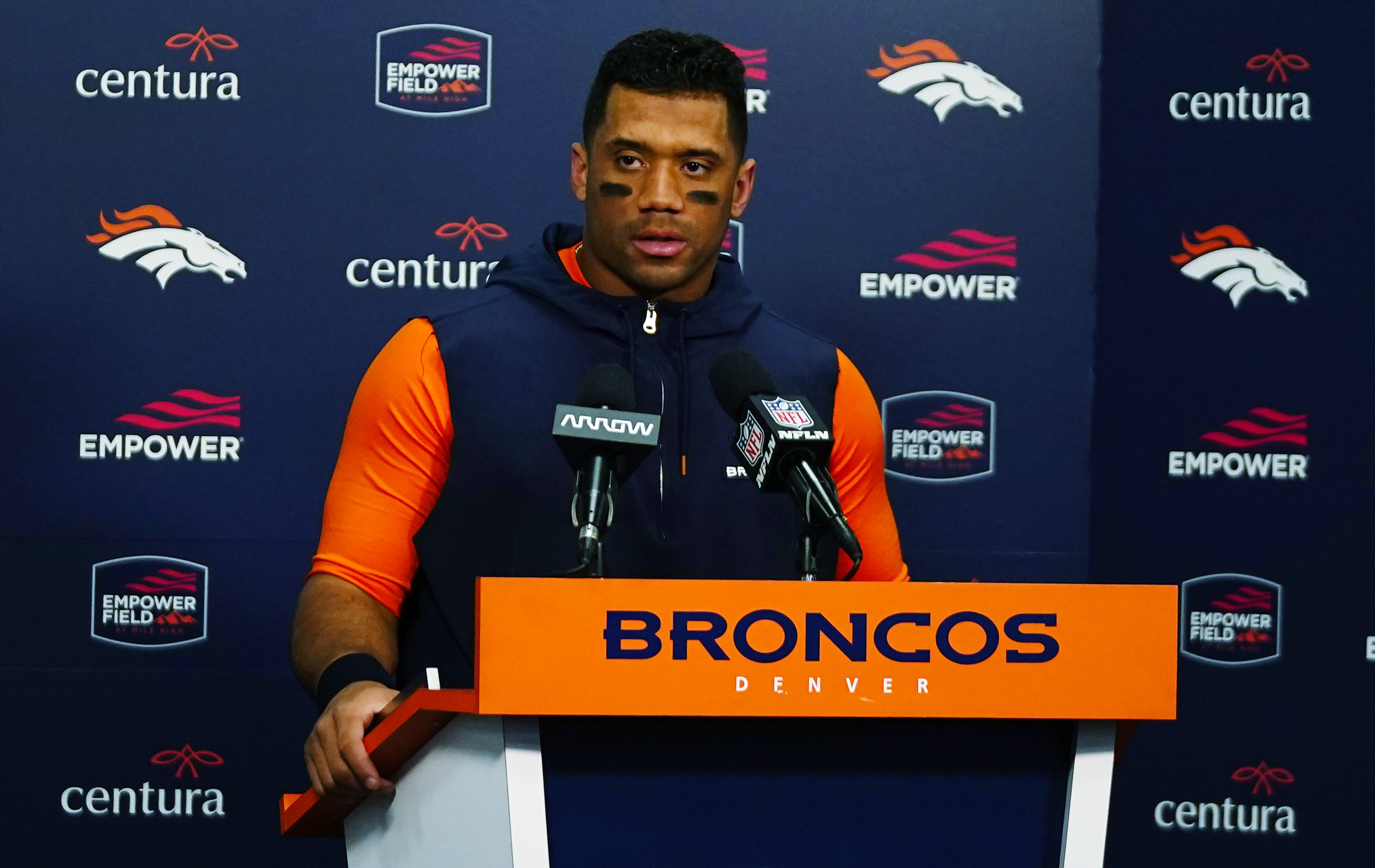 Denver Broncos quarterback Russell Wilson speaks during a news conference after an NFL football game at Empower Field at Mile High, Sunday, Dec. 24, 2023, in Denver. 