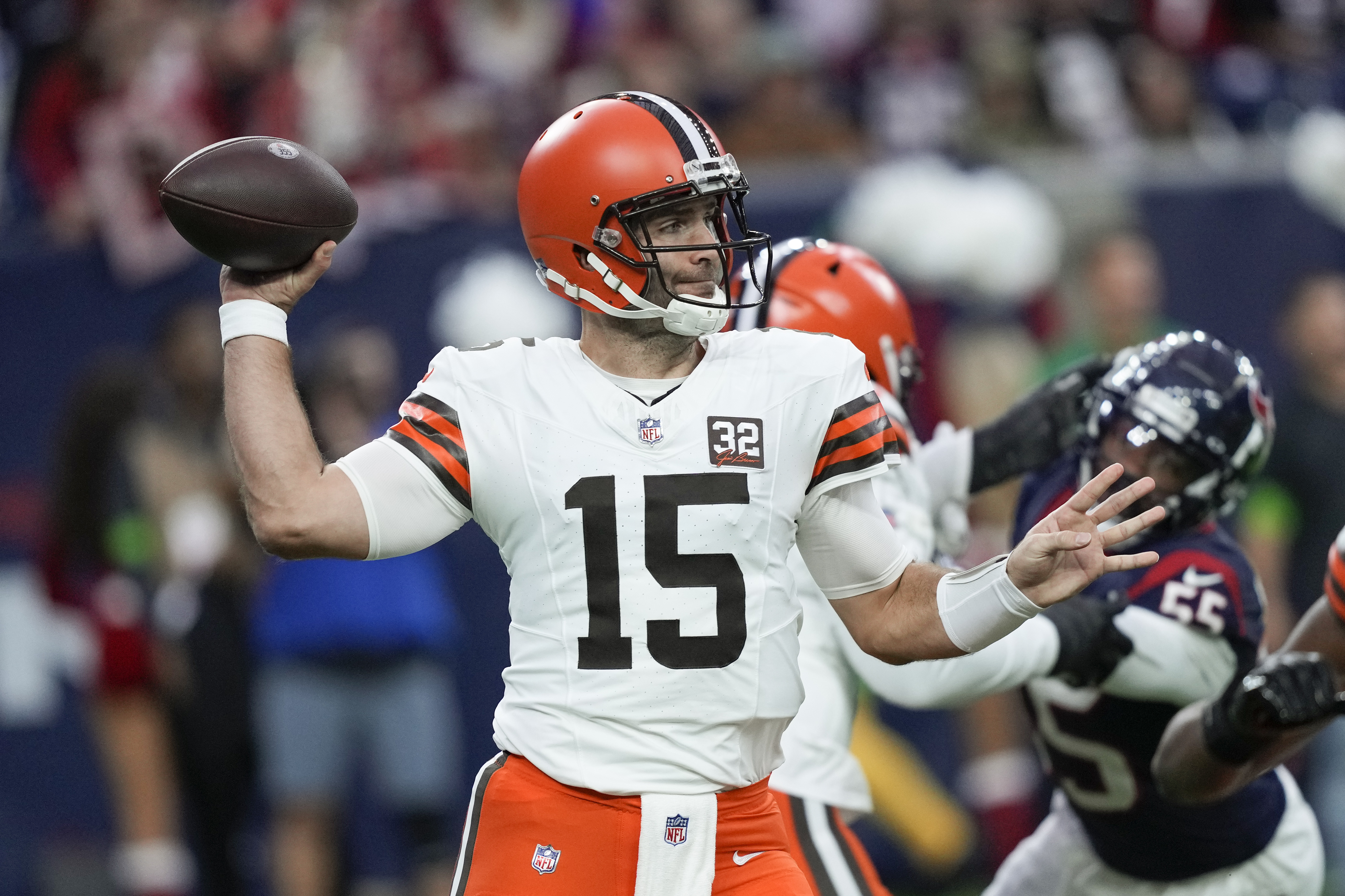 Cleveland Browns quarterback Joe Flacco (15) passes during the first half of an NFL football game against the Houston Texans, Sunday, Dec. 24, 2023, in Houston.