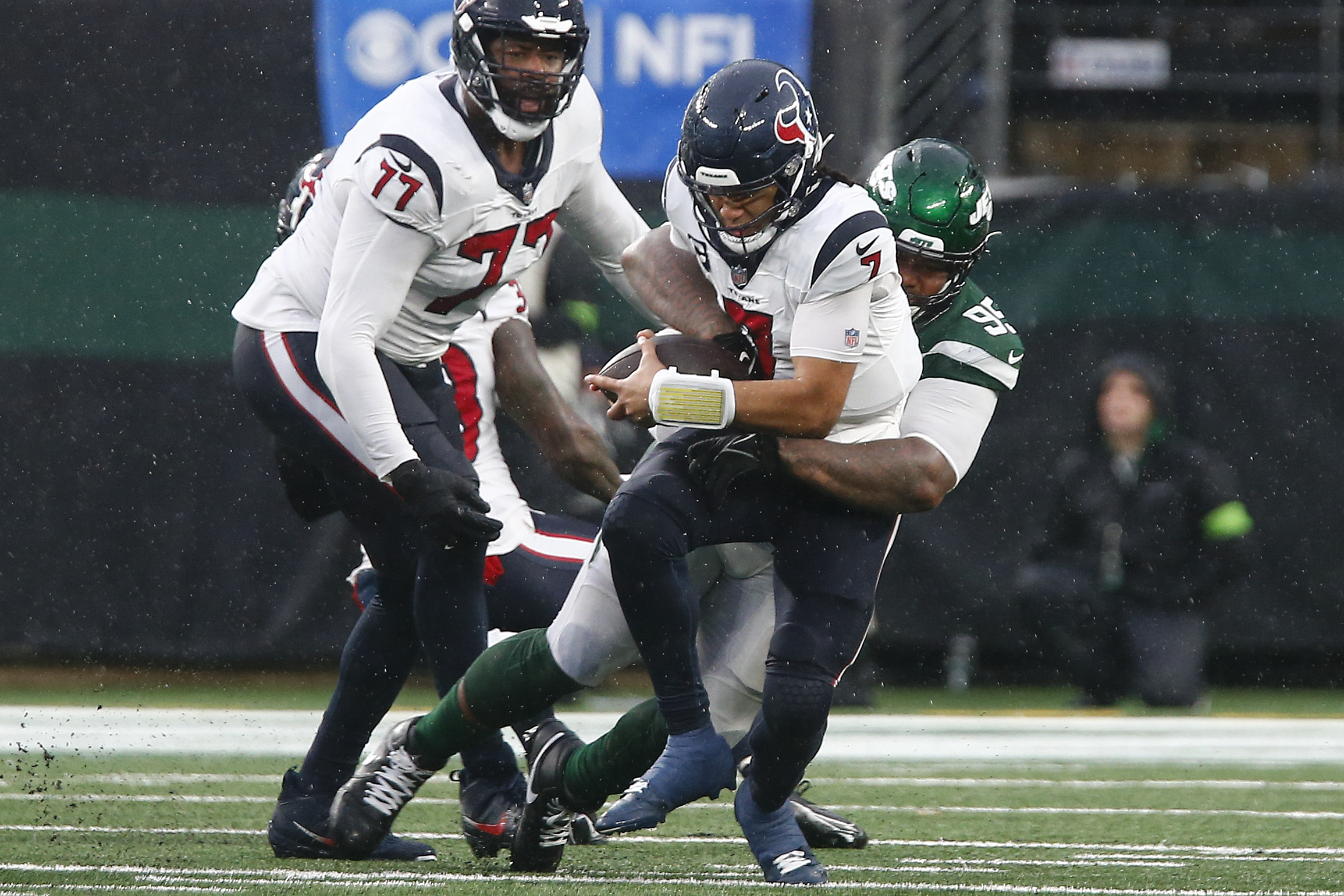 New York Jets defensive tackle Quinnen Williams (95) sacks Houston Texans quarterback C.J. Stroud (7) during the fourth quarter of an NFL football game, Sunday, Dec. 10, 2023, in East Rutherford, N.J. 