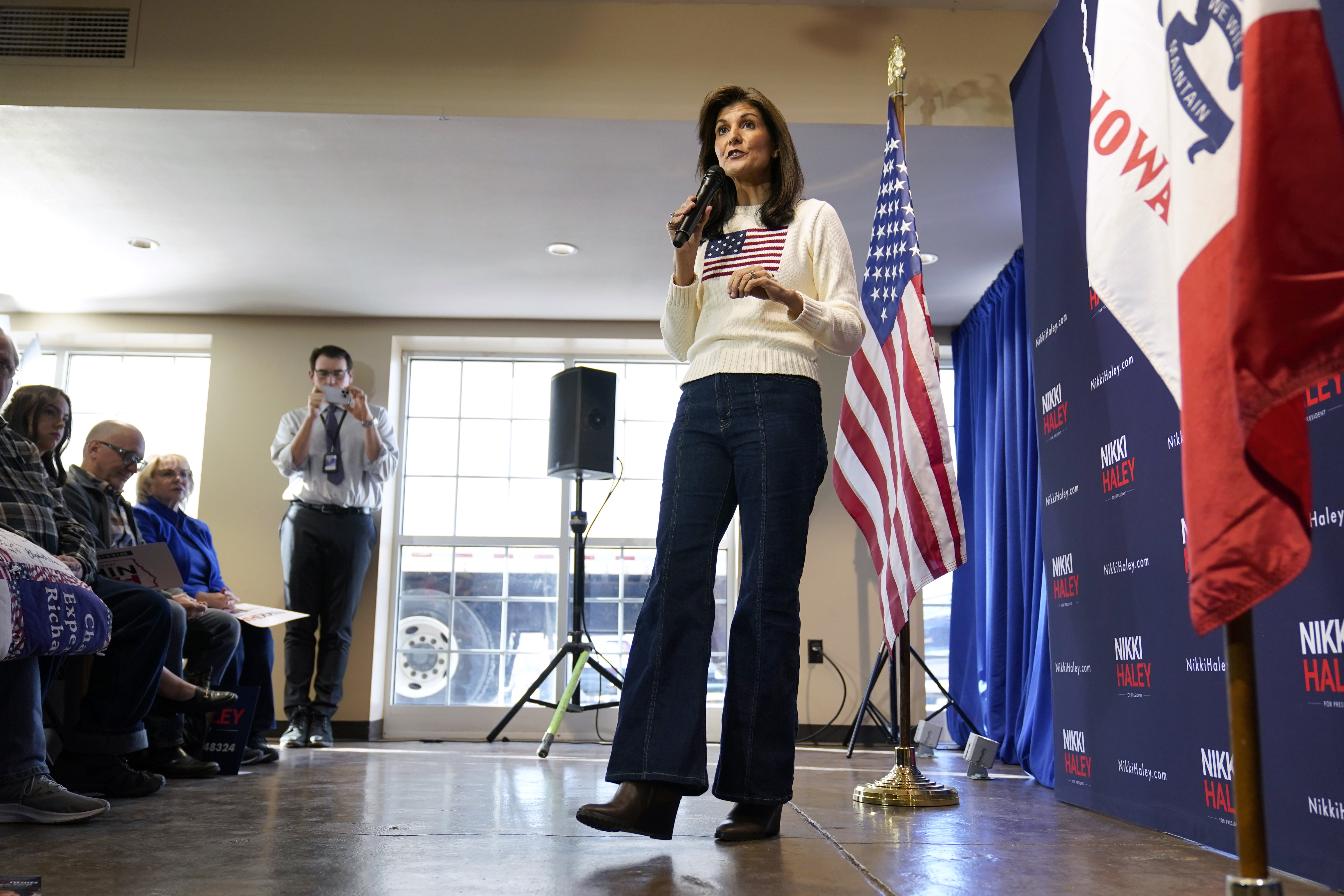 Republican presidential candidate Nikki Haley speaks during a town hall, Dec. 18, in Nevada, Iowa. Republican presidential candidate Nikki Haley is walking back an answer she gave Wednesday to a voter about the reason for the Civil War.
