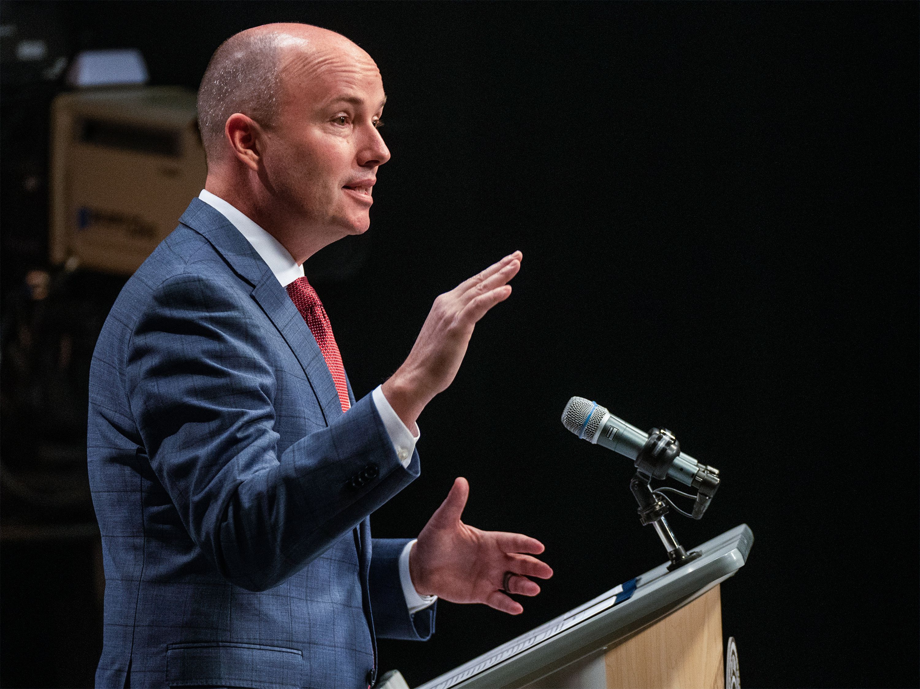 Gov. Spencer Cox speaks to media during a monthly news conference at PBS Utah at the Eccles Broadcast Center in Salt Lake City, Dec. 20. Cox referenced a recent report showing that Utah is the best in the country for upward mobility.