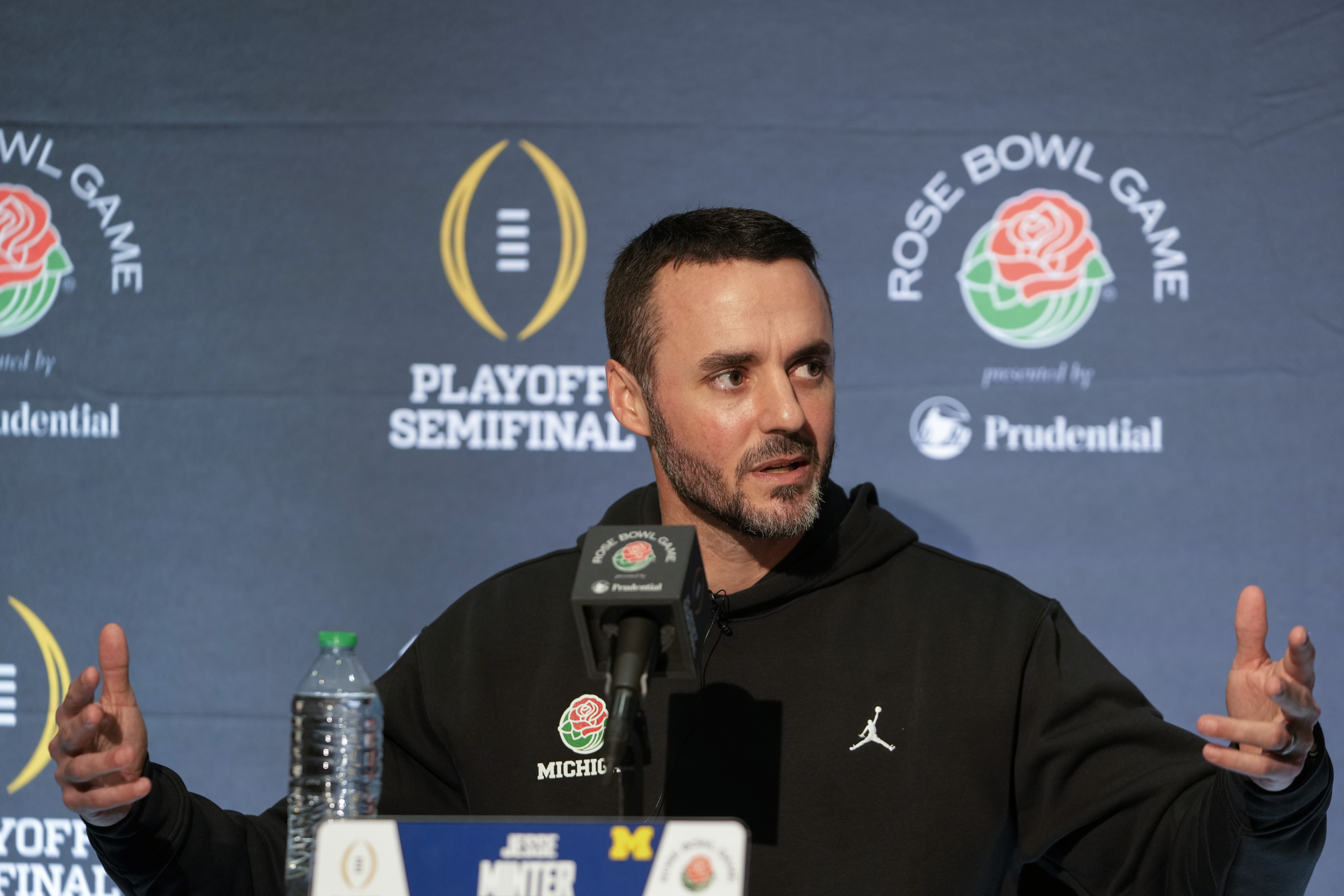 Michigan defensive coordinator Jesse Minter speaks to reporters during a news conference on Thursday, Dec. 28, 2023, in Los Angeles. Michigan is scheduled to play against Alabama on New Year's Day 2024 in the Rose Bowl, a semifinal in the College Football Playoff.
