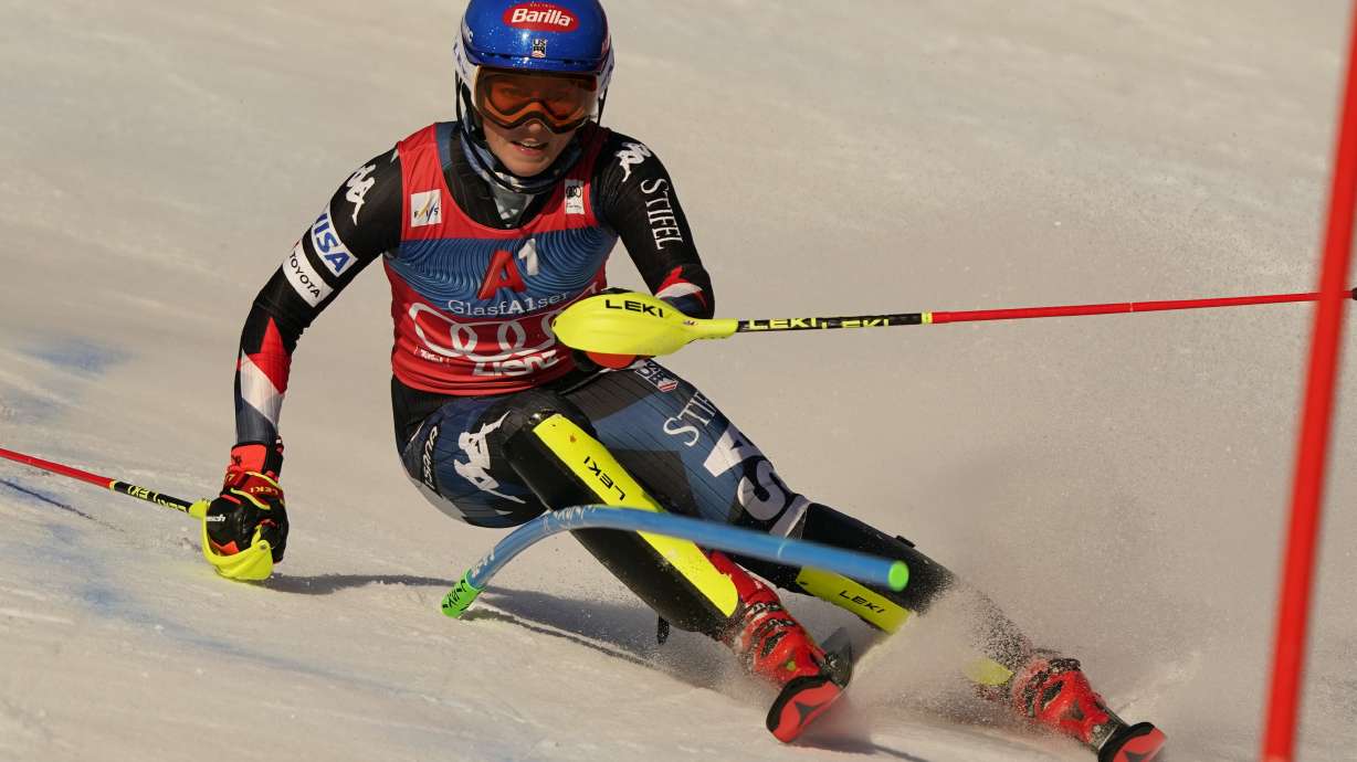 United States' Mikaela Shiffrin speeds down the course during an alpine ski, women's World Cup slalom race, in Lienz, Austria, Friday, Dec. 29, 2023.