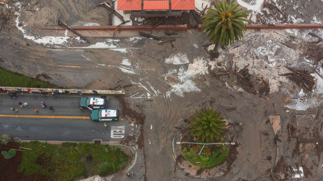 Storm debris fills the Rio Del Mar neighborhood of Aptos in Santa Cruz County. A series of powerful storms in the Pacific Ocean are driving towering waves into the California coastline, triggering flooding and posing a significant risk to people and structures along the coast.