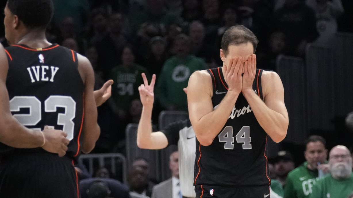 Detroit Pistons forward Bojan Bogdanovic (44) reacts during the second half of an NBA basketball game against the Boston Celtics, Thursday, Dec. 28, 2023, in Boston. The Celtics defeated the Pistons 128-122.
