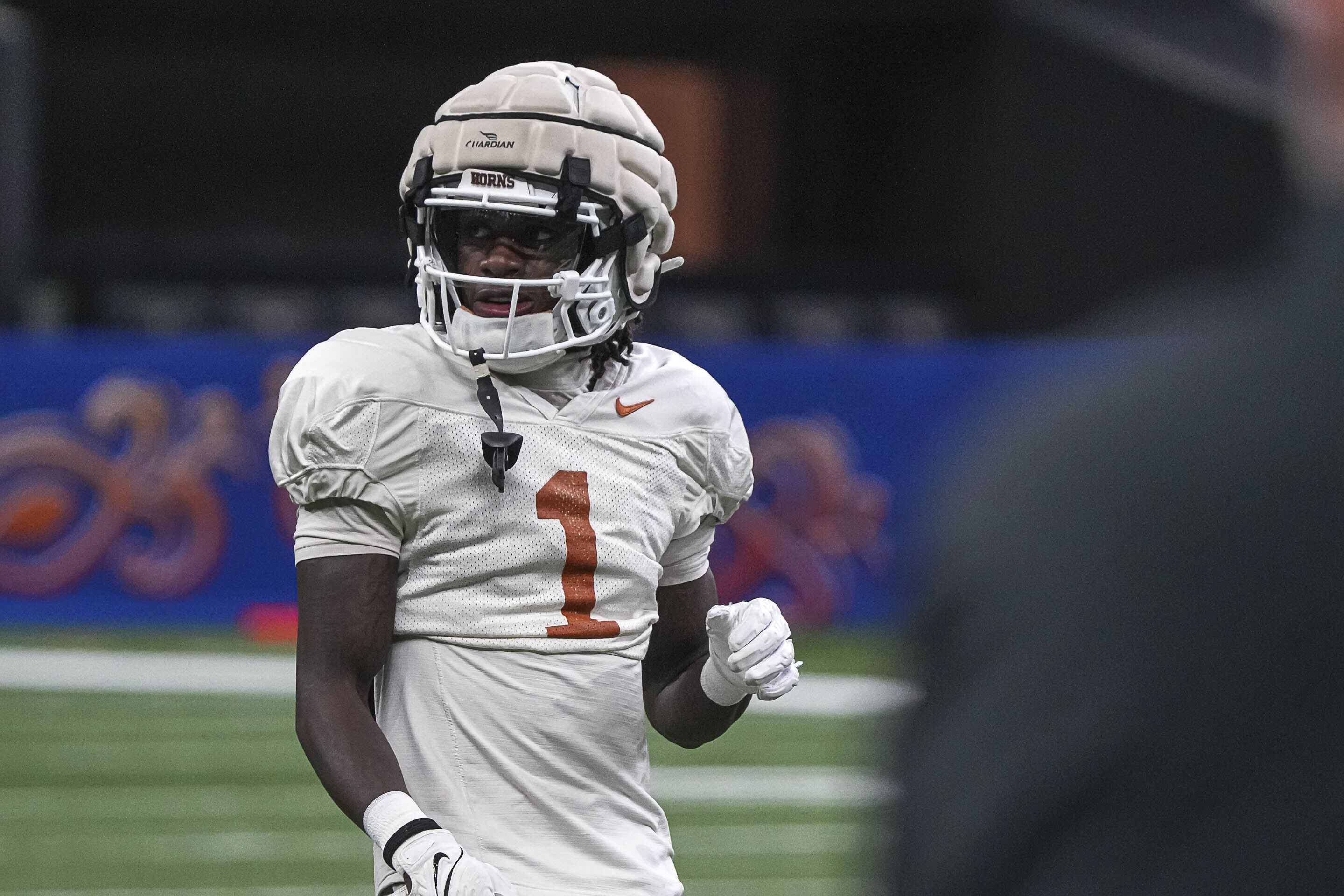 Texas wide receiver Xavier Worthy (1) walks the field during practice at the Superdome ahead of the Sugar Bowl in New Orleans, Thursday, Dec. 28, 2023. Texas will take on the Washington in the Sugar Bowl on Monday, Jan. 1, 2024. 