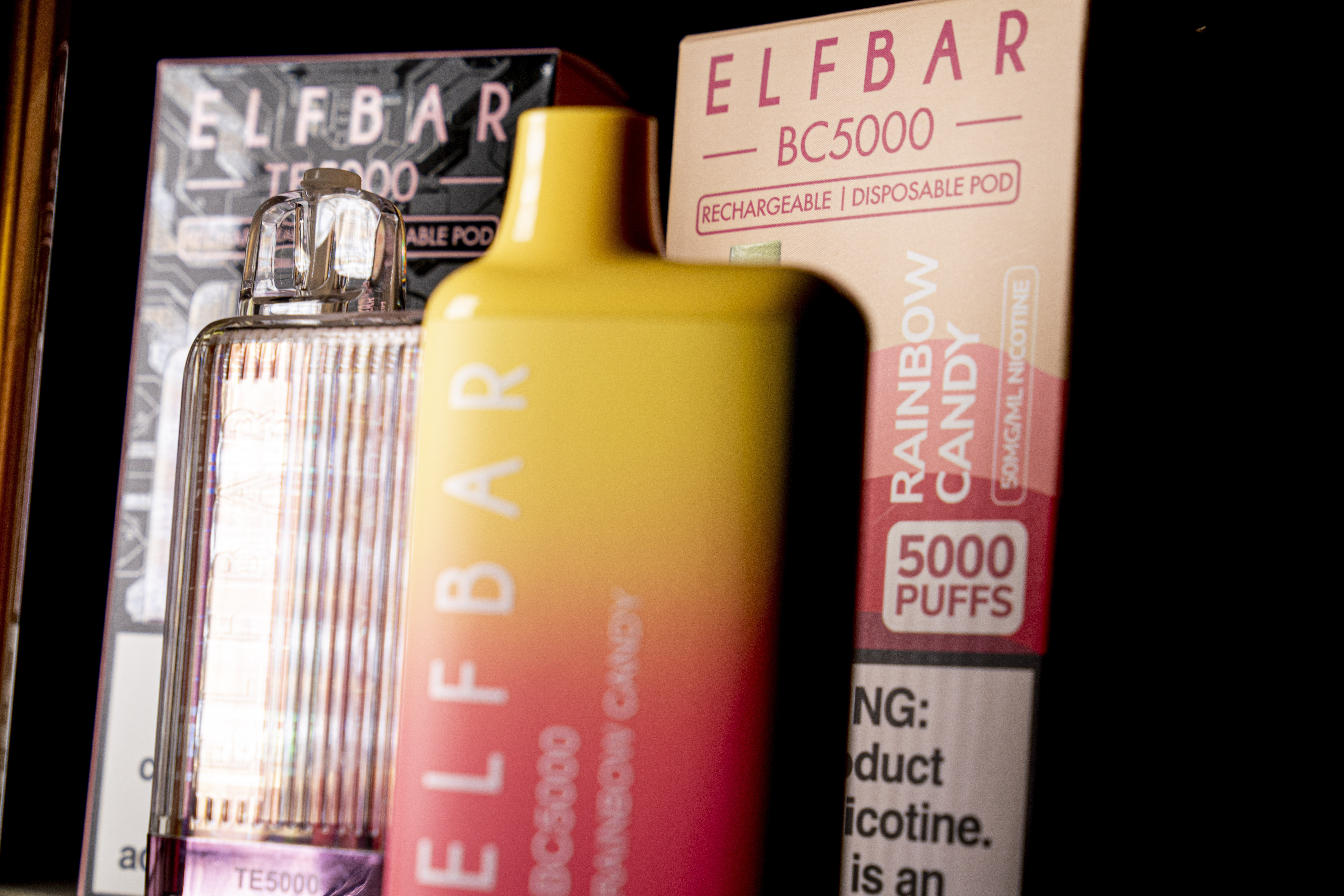 Elf Bar disposable vaping pod devices are displayed, on June 26 in Washington. U.S. officials are seizing more shipments of unauthorized electronic cigarettes. But industry data shows thousands of new flavored products continue pouring into the country from China.