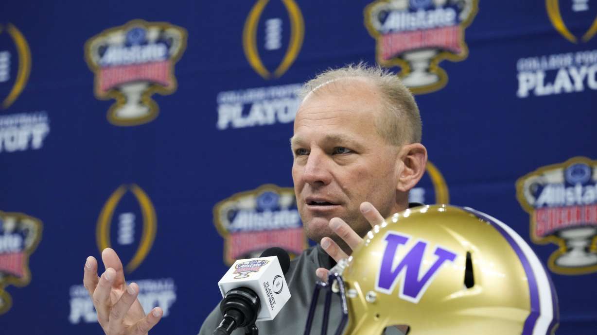 Washington head coach Kalen DeBoer speaks during media day for the the upcoming Sugar Bowl NCAA CFP college football semi-final game against Washington in New Orleans, Saturday, Dec. 30, 2023.