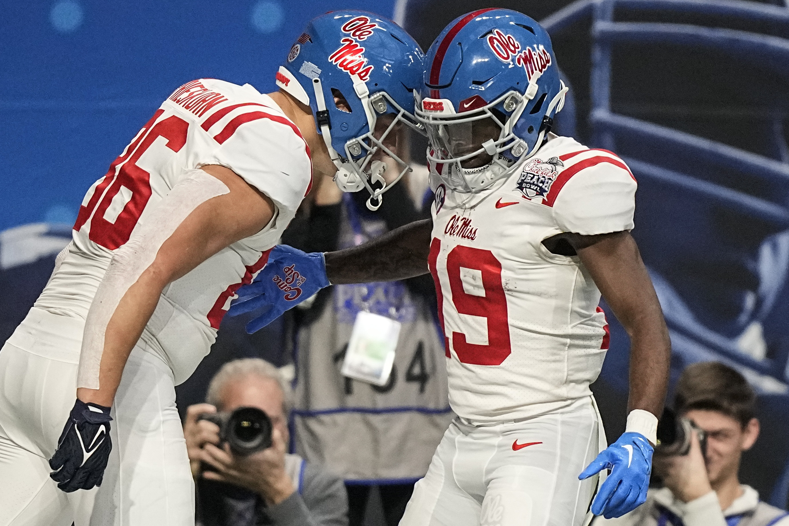 Mississippi tight end Caden Prieskorn (86) celebrates his touchdown against Penn State during the first half of the Peach Bowl NCAA college football game, Saturday, Dec. 30, 2023, in Atlanta. 