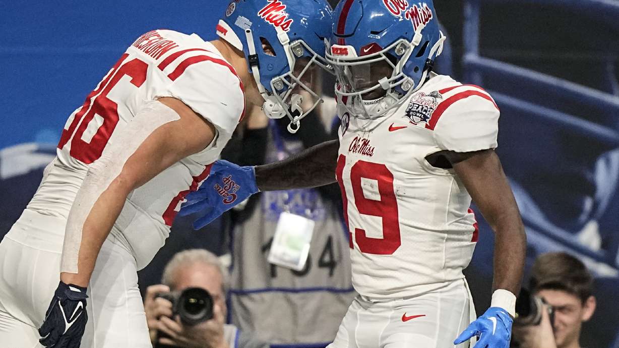 Mississippi tight end Caden Prieskorn (86) celebrates his touchdown against Penn State during the first half of the Peach Bowl NCAA college football game, Saturday, Dec. 30, 2023, in Atlanta.