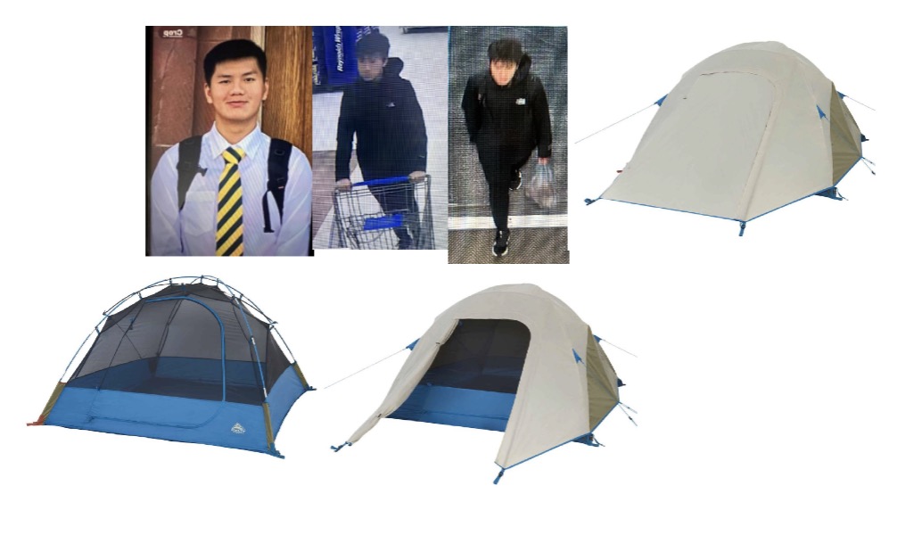 Images of Kai Zhuang and a tent that he could be camping in along the Wasatch Front, Riverdale police said on Saturday.