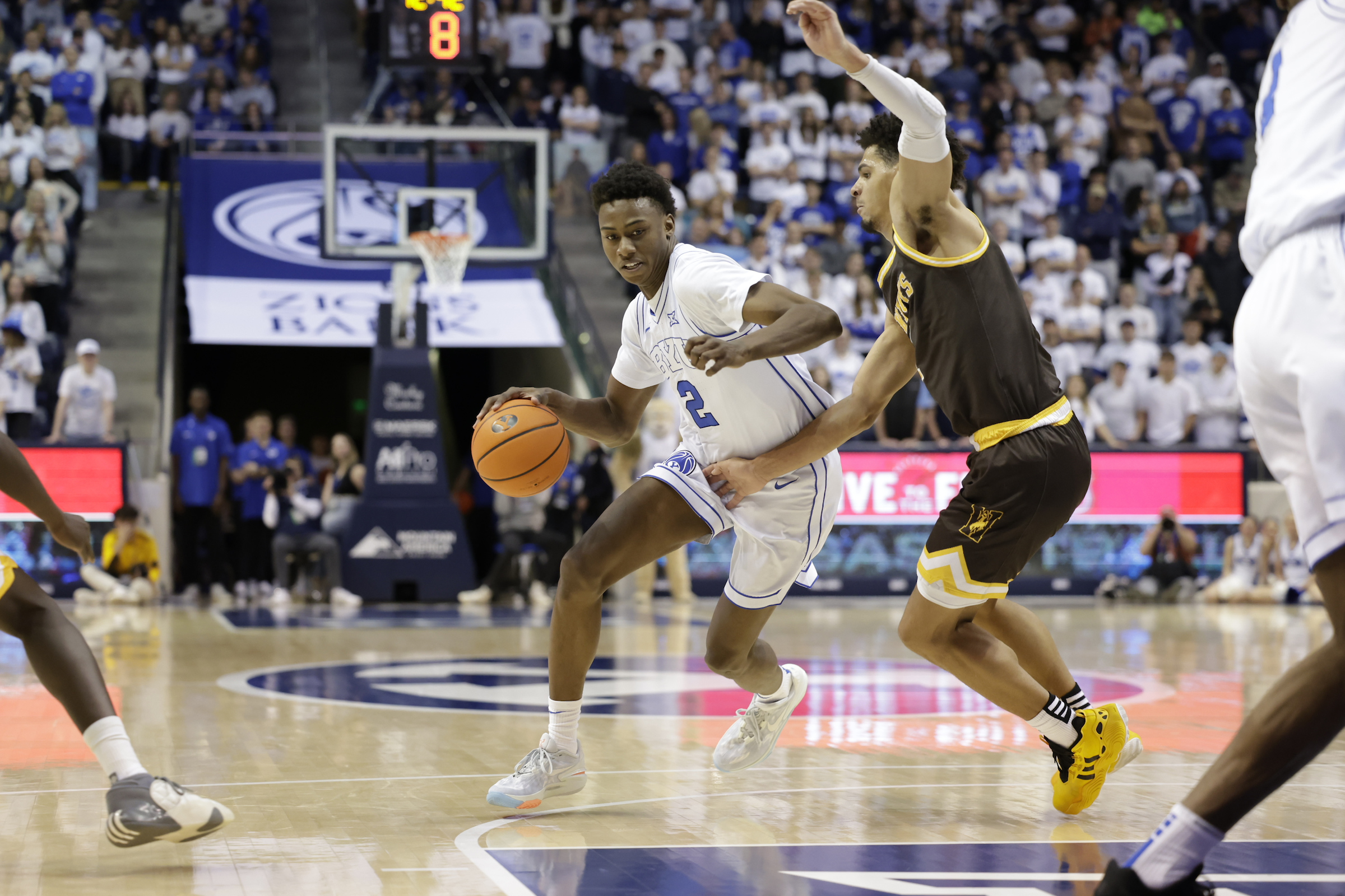 BYU wing Jaxson Robinson drives to the basket during an NCAA men's basketball game, Saturday, Dec. 30, 2023, at the Marriott Center in Provo, Utah.