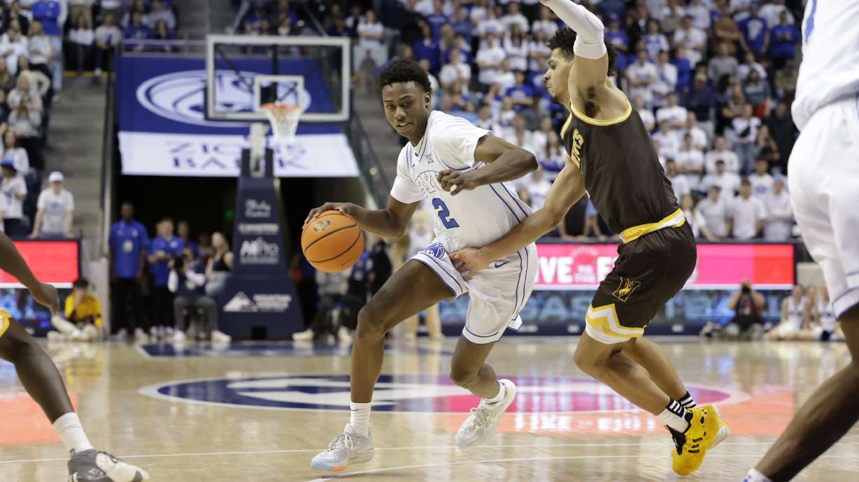 BYU wing Jaxson Robinson drives to the basket during an NCAA men's basketball game, Saturday, Dec. 30, 2023, at the Marriott Center in Provo, Utah.