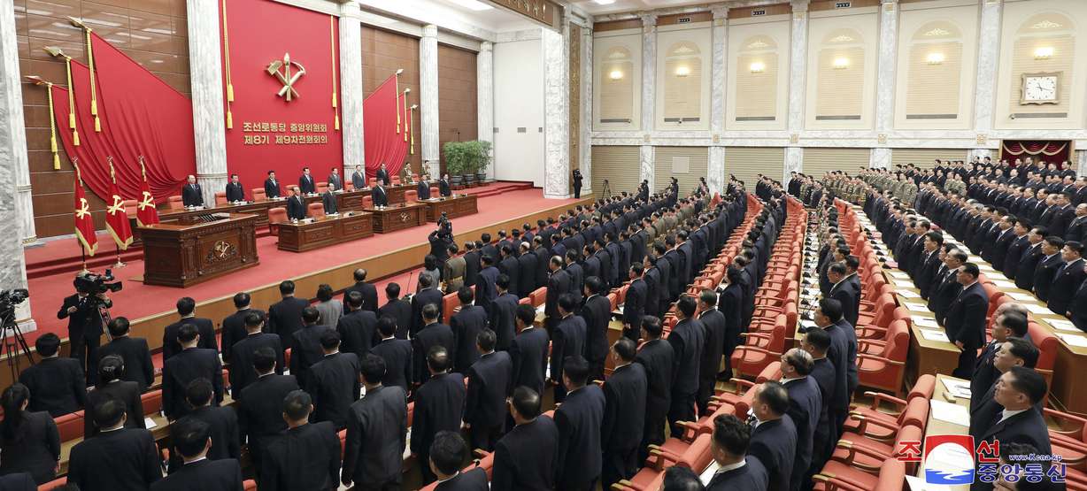In this photo provided by the North Korean government, a year-end plenary meeting of the ruling Workers’ Party, is held between Dec. 26, and Dec. 30, in Pyongyang, North Korea. Independent journalists were not given access to cover the event depicted in this image distributed by the North Korean government. The content of this image is as provided and cannot be independently verified.