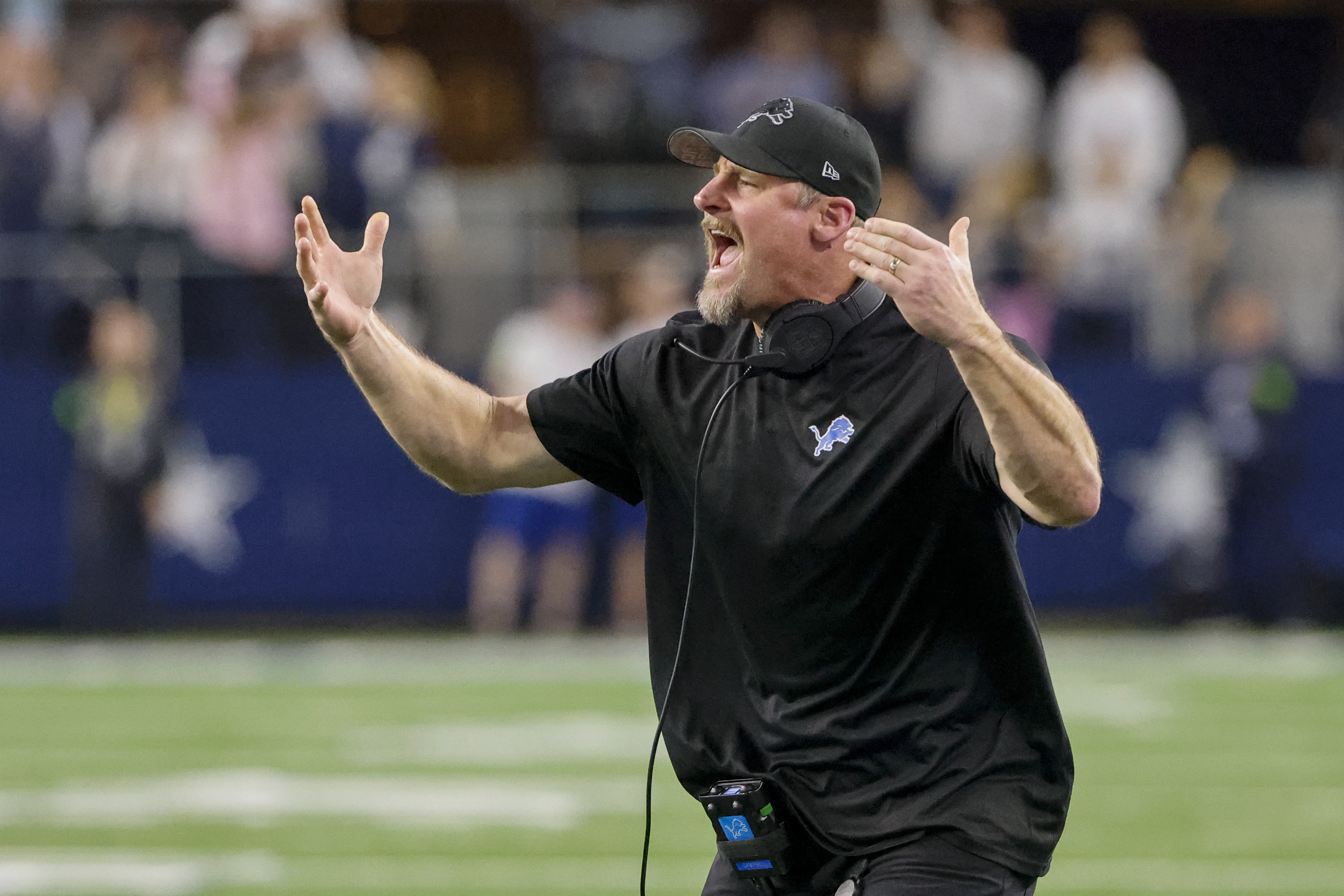 Detroit Lions head coach Dan Campbell reacts during the second half of an NFL football game against the Dallas Cowboys, Saturday, Dec. 30, 2023, in Arlington, Texas. The Cowboys won 20-19.