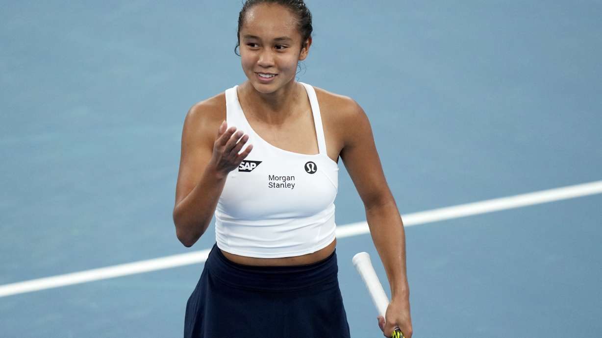 Canada's Leylah Fernandez celebrates after he win over Chile's Daniela Seguel during the United Cup tennis tournament in Sydney, Sunday, Dec. 31, 2023.