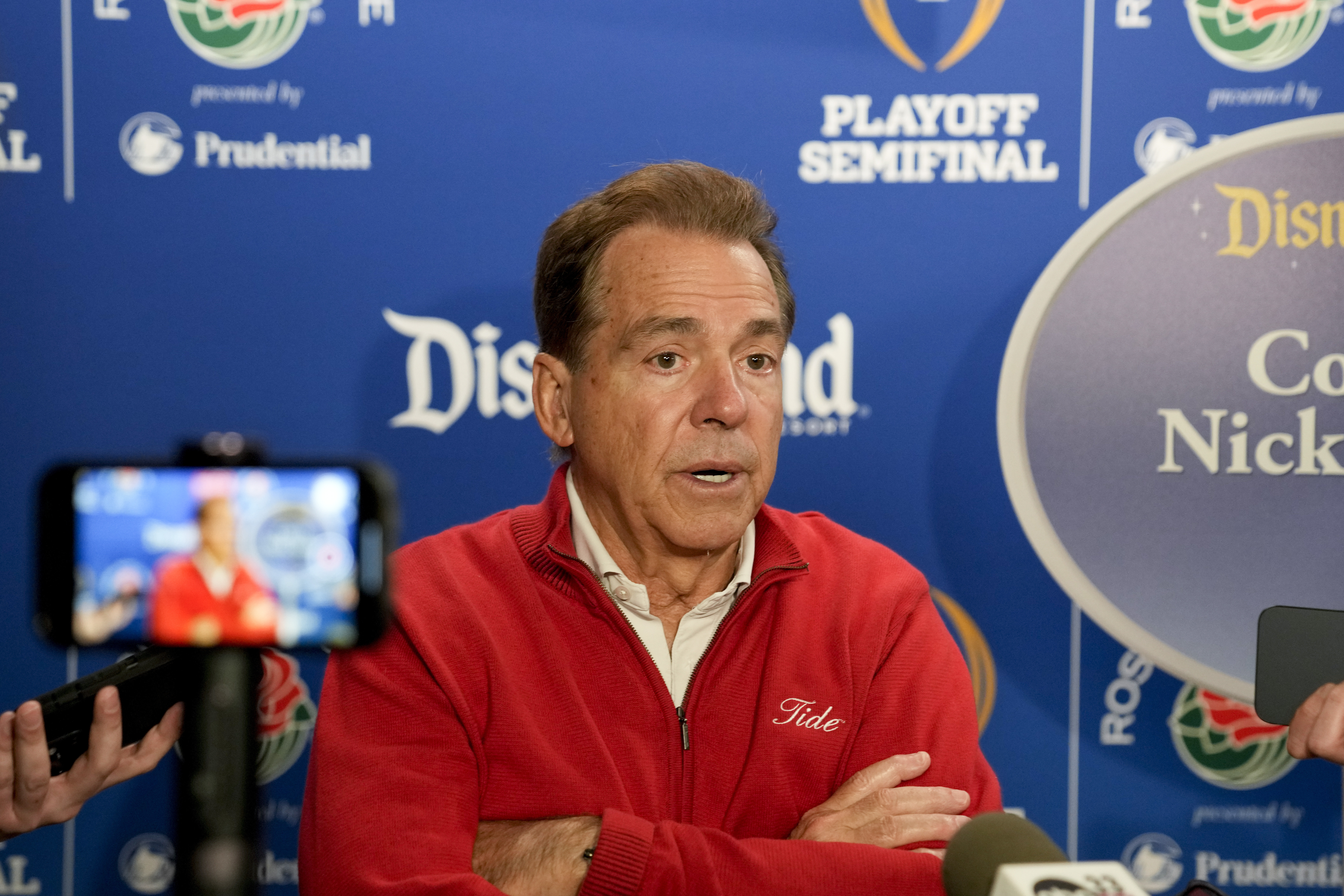 Alabama head coach Nick Saban speaks to reporters during a welcome event at Disneyland on Wednesday, Dec. 27, 2023, in Anaheim, Calif. Alabama is scheduled to play against Michigan on New Year's Day in the Rose Bowl, a semifinal in the College Football Playoff.