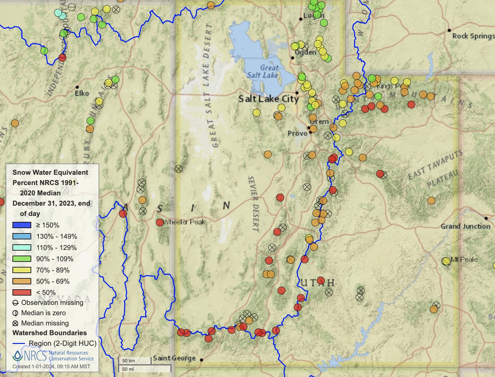 This map shows all of the Natural Resources Conservation Service snowpack collection sites in Utah and their percentage of median average as of Monday morning. New Year's Day is almost the exact halfway point in the statewide snowpack collection period.
