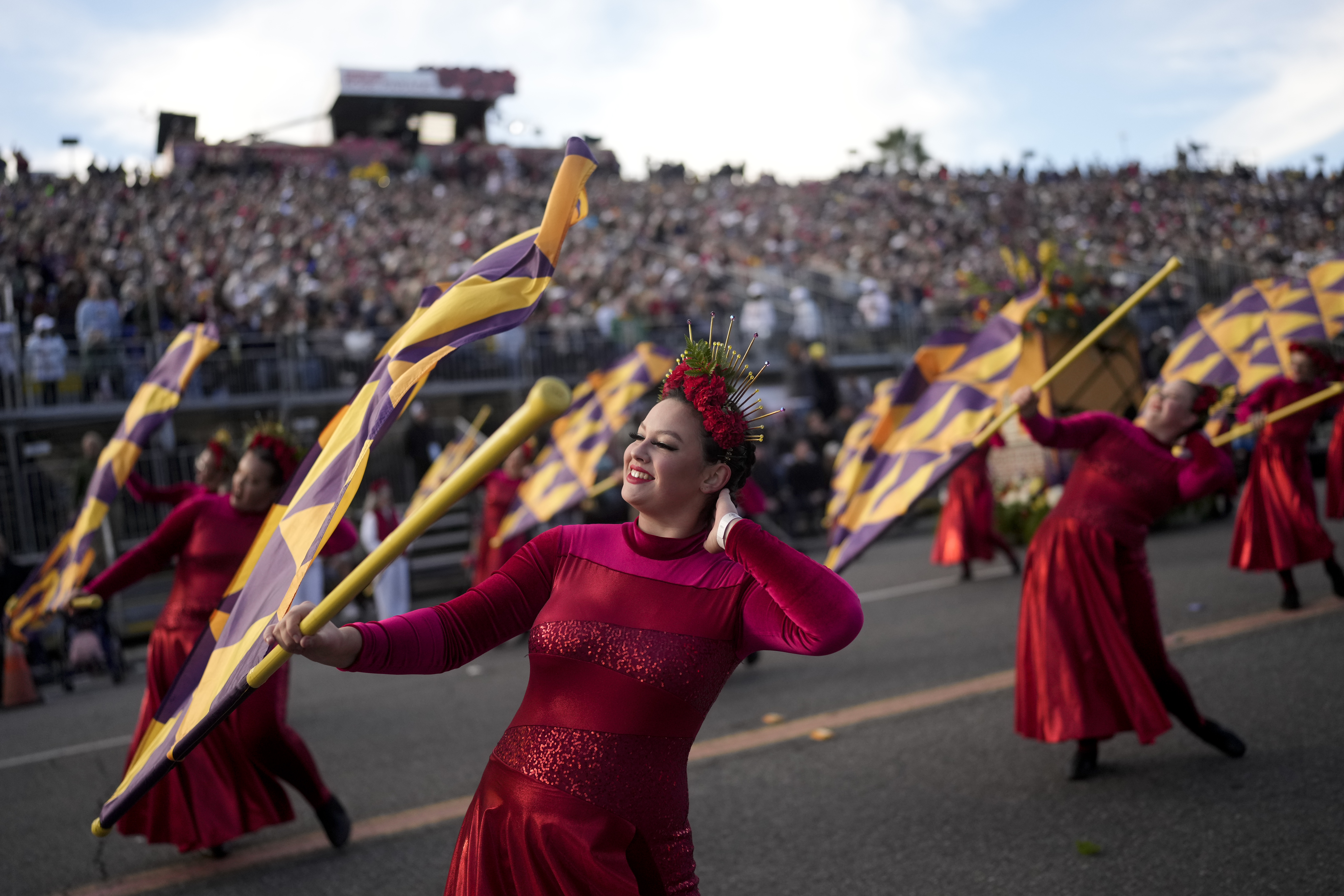 The West Chester University Golden Rams marching band performs at the 135th Rose Parade in Pasadena, Calif., Monday, Jan. 1, 2024.