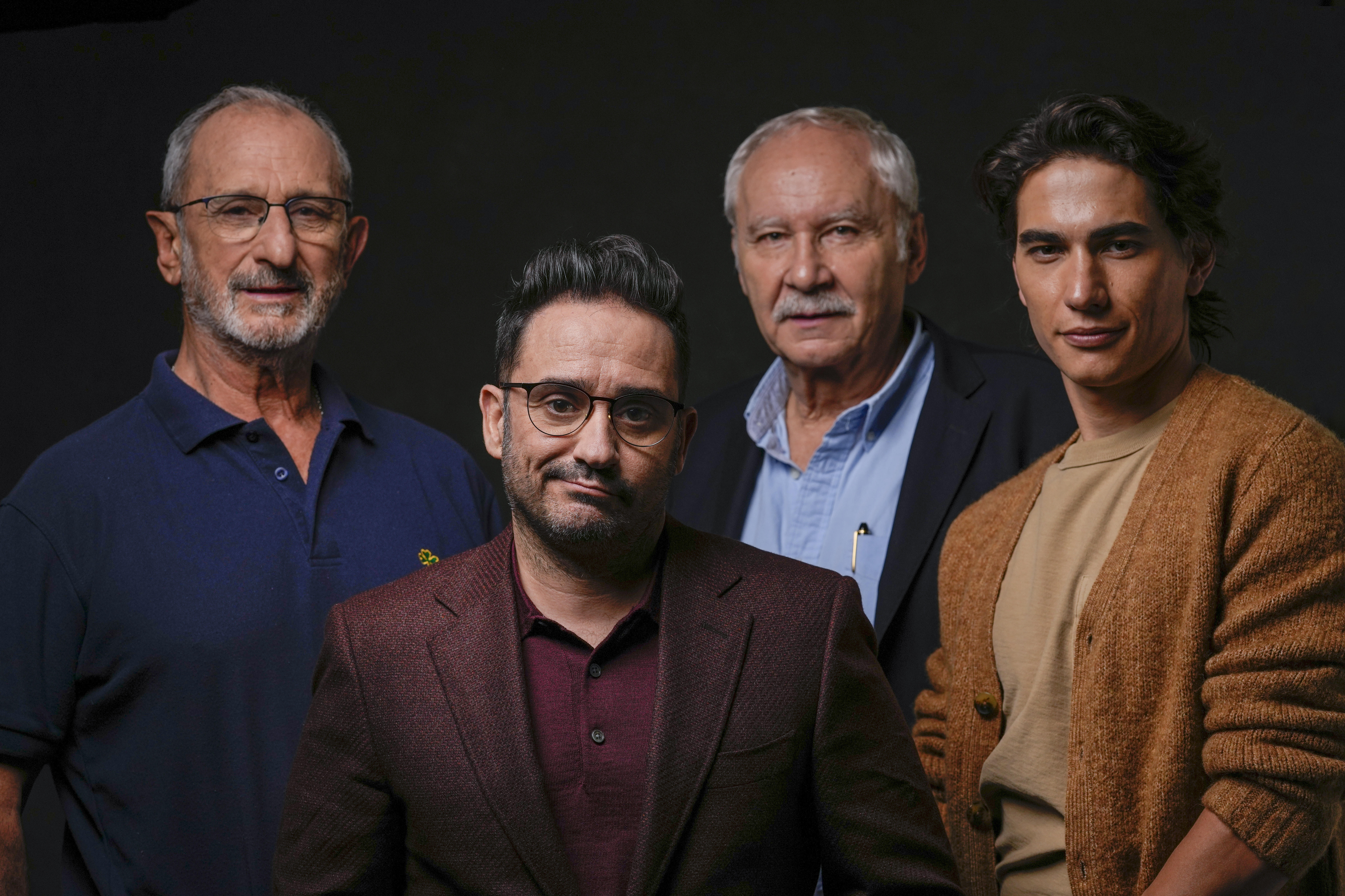 From left, Gustavo Zerbino, director J. A. Bayona, writer Pablo Vierci, and actor Enzo Vogrincic pose for a portrait to promote the film "Society of the Snow" on Friday, Oct. 27, 2023, in Los Angeles.