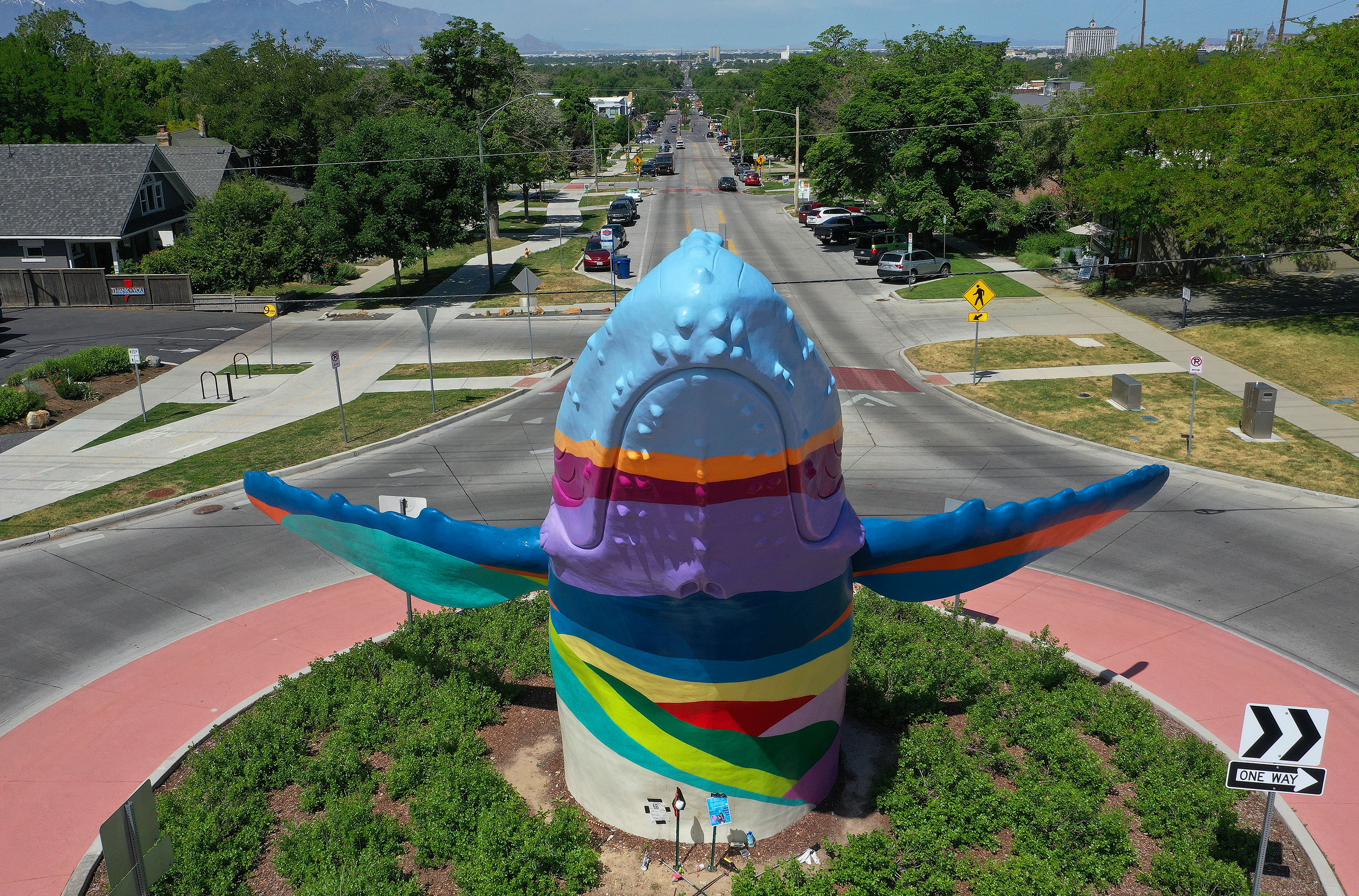 A whale sculpture is displayed in the 9th and 9th area of Salt Lake City on May 31, 2023. The whale is one of more than 100 public art pieces across the city, but the list is ever-growing.