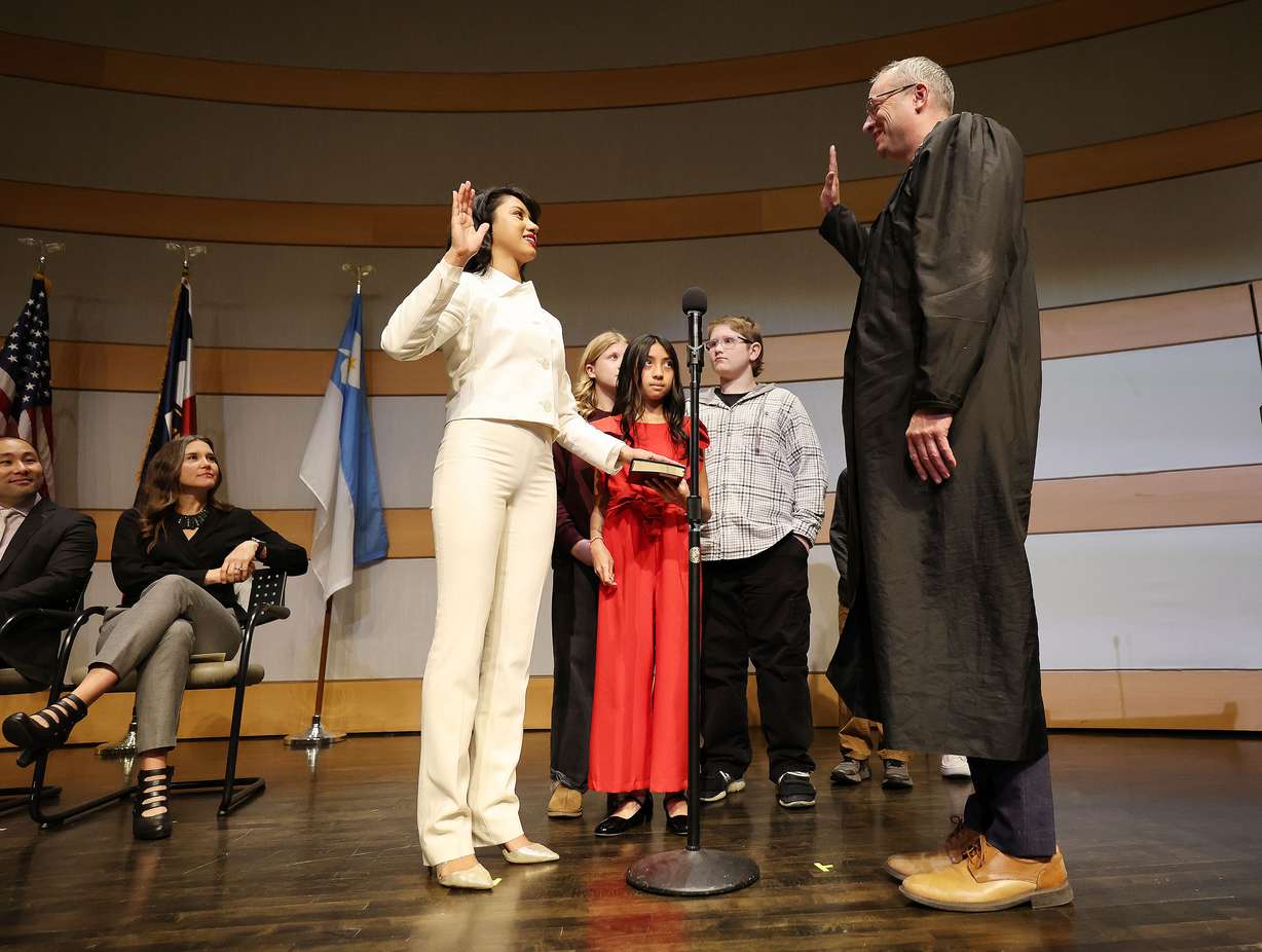 New Salt Lake City Council member Eva Lopez Chavez, who will represent the city's District 4, takes the oath of office in Salt Lake City on Tuesday.