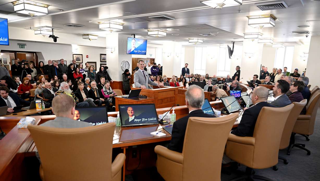 New Ogden Mayor Ben Nadolski addresses the city council and members of the community after taking his oath of office along with new city council members at a ceremony in Ogden on Tuesday.