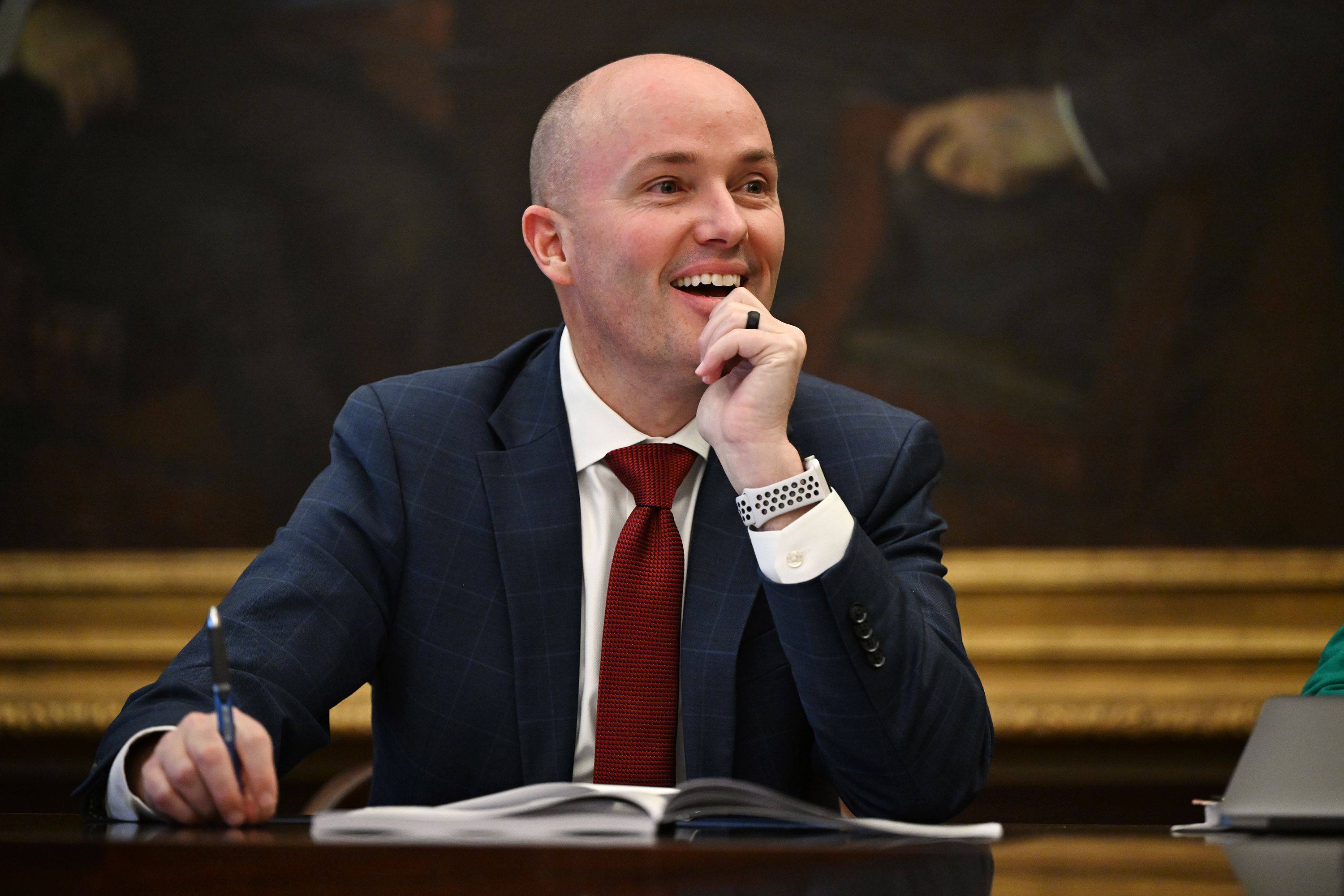 Gov. Spencer Cox laughs as he meets with the Deseret News at the Capitol in Salt Lake City Dec. 4. Cox pointed to social media as a key cause of the mental health crisis across America in an interview Sunday on "Meet the Press." 