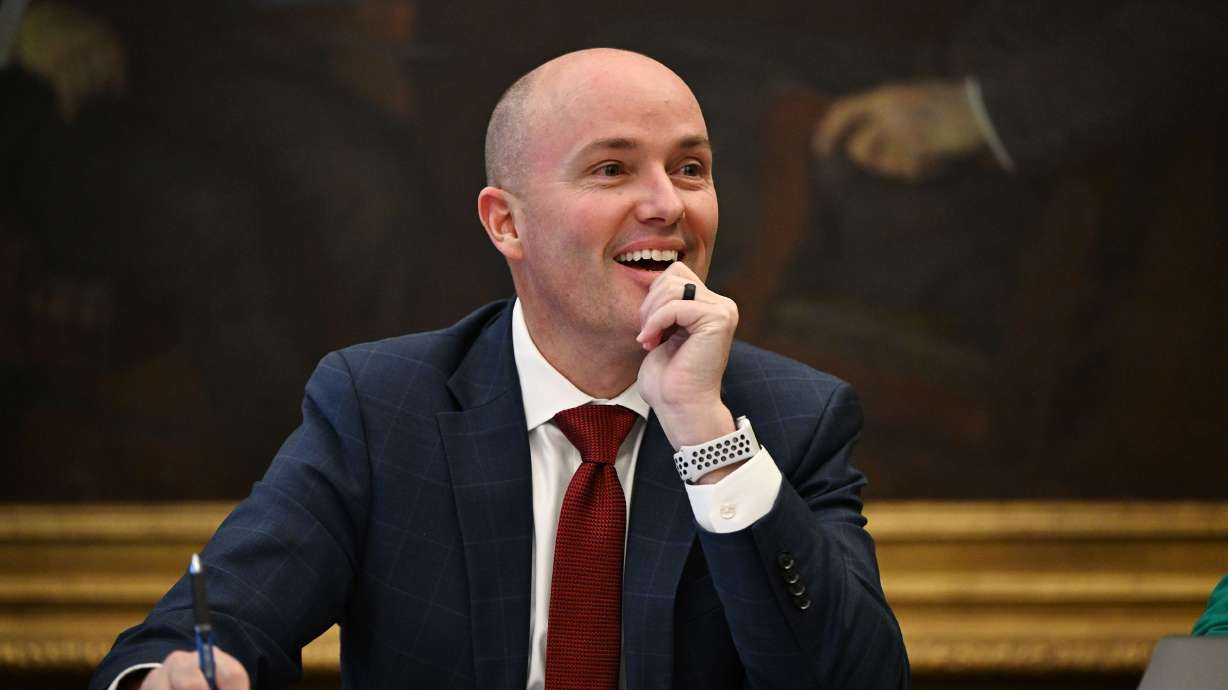 Gov. Spencer Cox laughs as he meets with the Deseret News at the Capitol in Salt Lake City Dec. 4. Cox pointed to social media as a key cause of the mental health crisis across America in an interview Sunday on "Meet the Press."
