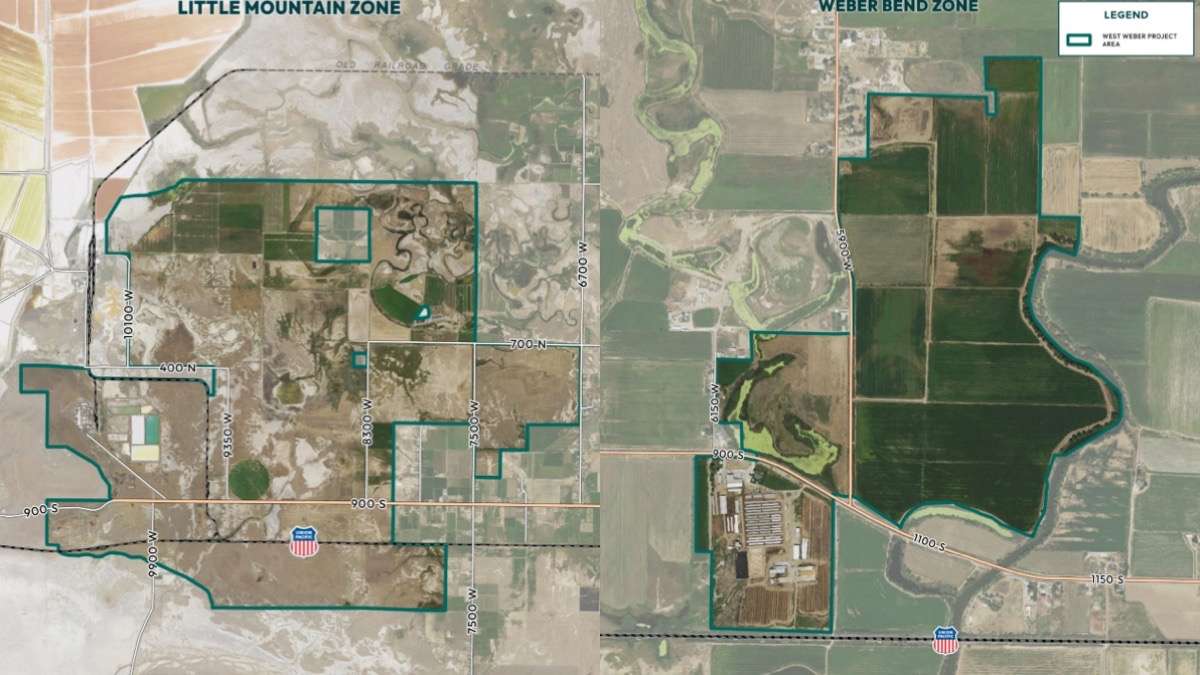 The two maps show the proposed areas of a Utah Inland Port Authority development site in western Weber County. The Little Mountain zone, left, measures 8,436 acres and the Weber Bend zone measures 349 acres.