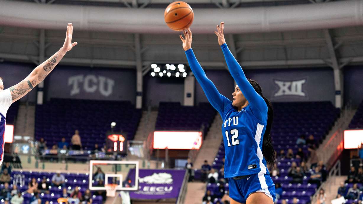 BYU forward Lauren Gustin takes a shot against No. 23 TCU, Saturday, Dec. 30, 2023 in Fort Worth, Texas.
