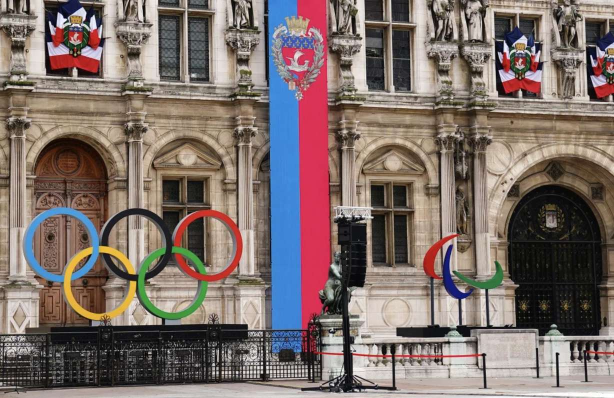 The Olympic rings are on display outside of the Hotel de Ville in Paris ahead of the Paris 2024 Summer Olympic Games.