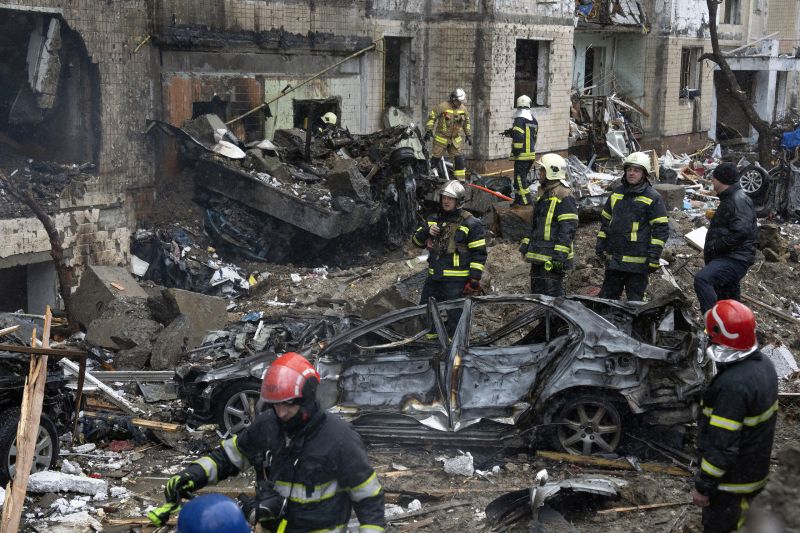 Debris of a destroyed apartment building after a Russian attack in Kyiv, Ukraine, is seen on Tuesday.
