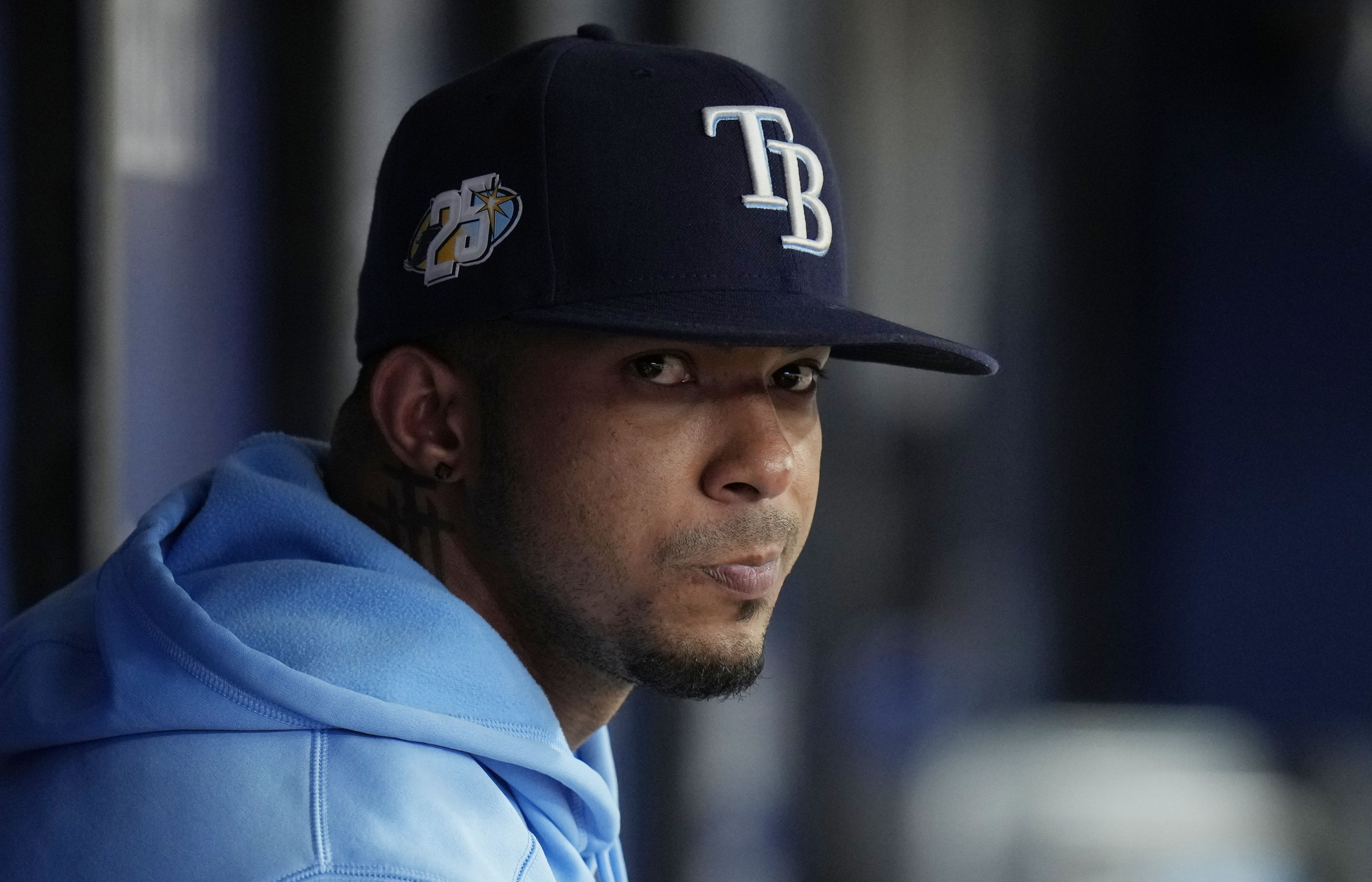 FILE - Tampa Bay Rays' Wander Franco looks on during a baseball game on Aug. 13, 2023, in St. Petersburg, Fla. Franco was arrested Monday, Jan. 1, 2024, in the Dominican Republic after being interviewed by prosecutors investigating him for an alleged relationship with a minor, according to an official in the Puerto Plata province prosecutor's office. 