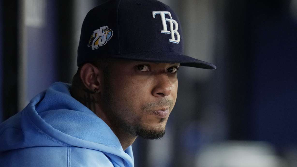 FILE - Tampa Bay Rays' Wander Franco looks on during a baseball game on Aug. 13, 2023, in St. Petersburg, Fla. Franco was arrested Monday, Jan. 1, 2024, in the Dominican Republic after being interviewed by prosecutors investigating him for an alleged relationship with a minor, according to an official in the Puerto Plata province prosecutor's office.