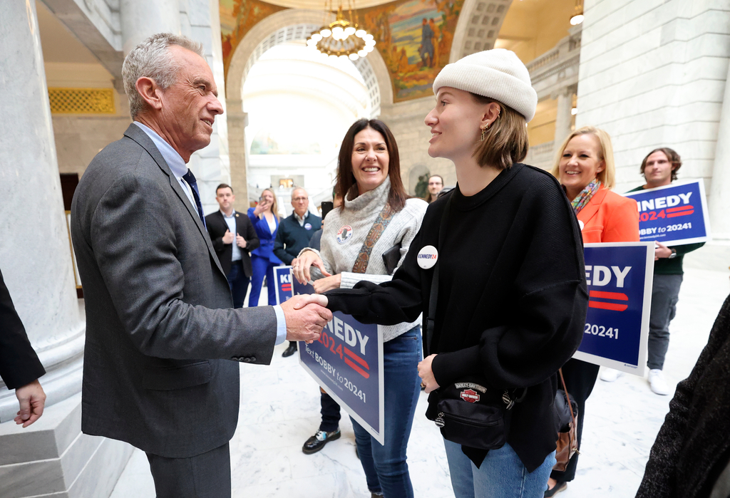 Independent presidential candidate Robert F. Kennedy Jr. greets supporters at the Capitol in Salt Lake City, on Wednesday.