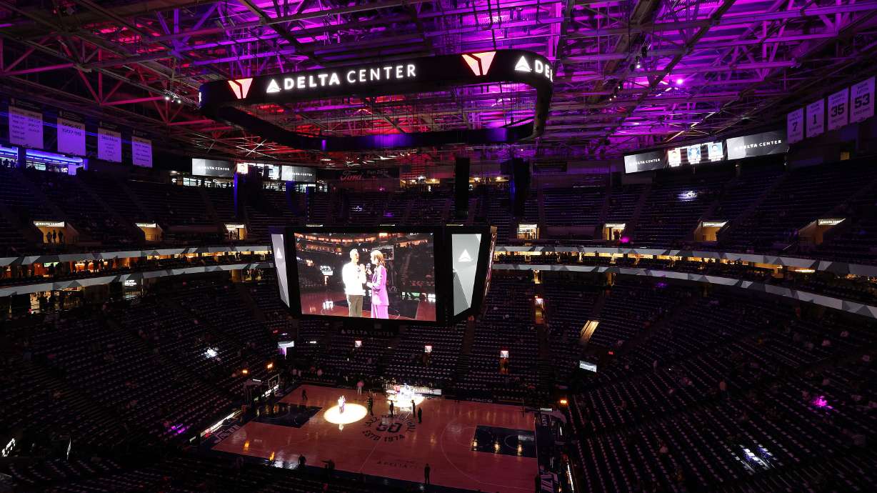 Interviews take place at the Delta Center prior to a Utah Jazz in Salt Lake City on Oct. 25. Salt Lake City leaders say they are committed to keeping the Utah Jazz downtown as the team could be looking at a new arena in the future.