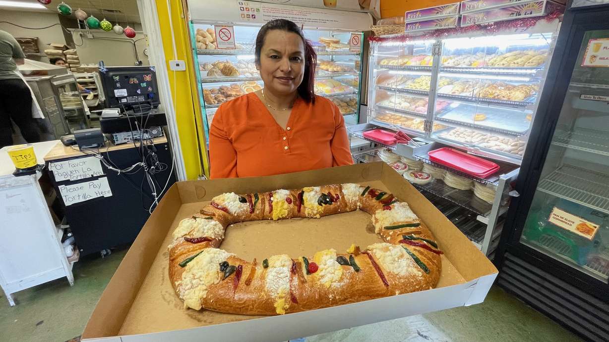 Sandra Avila holds rosca de reyes, or three kings bread, at Princess Bakery in Ogden on Wednesday.