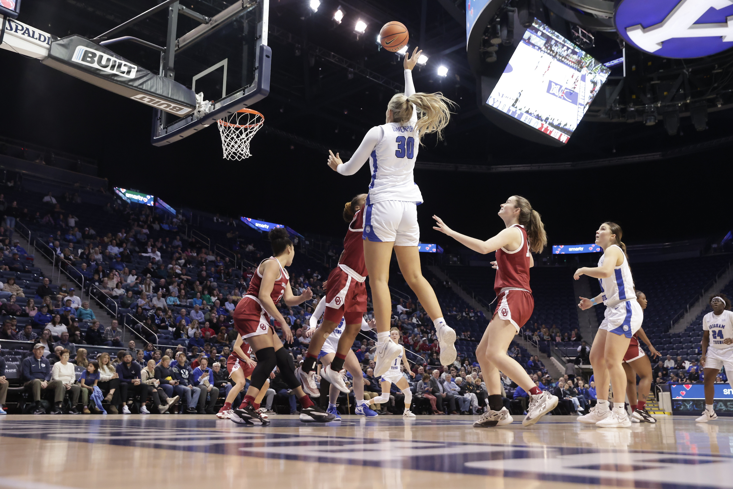 BYU forward Lauren Davenport puts up a shot against Oklahoma, Wednesday, Jan. 3, 2024 during a Big 12 women's basketball game at the Marriott Center.
