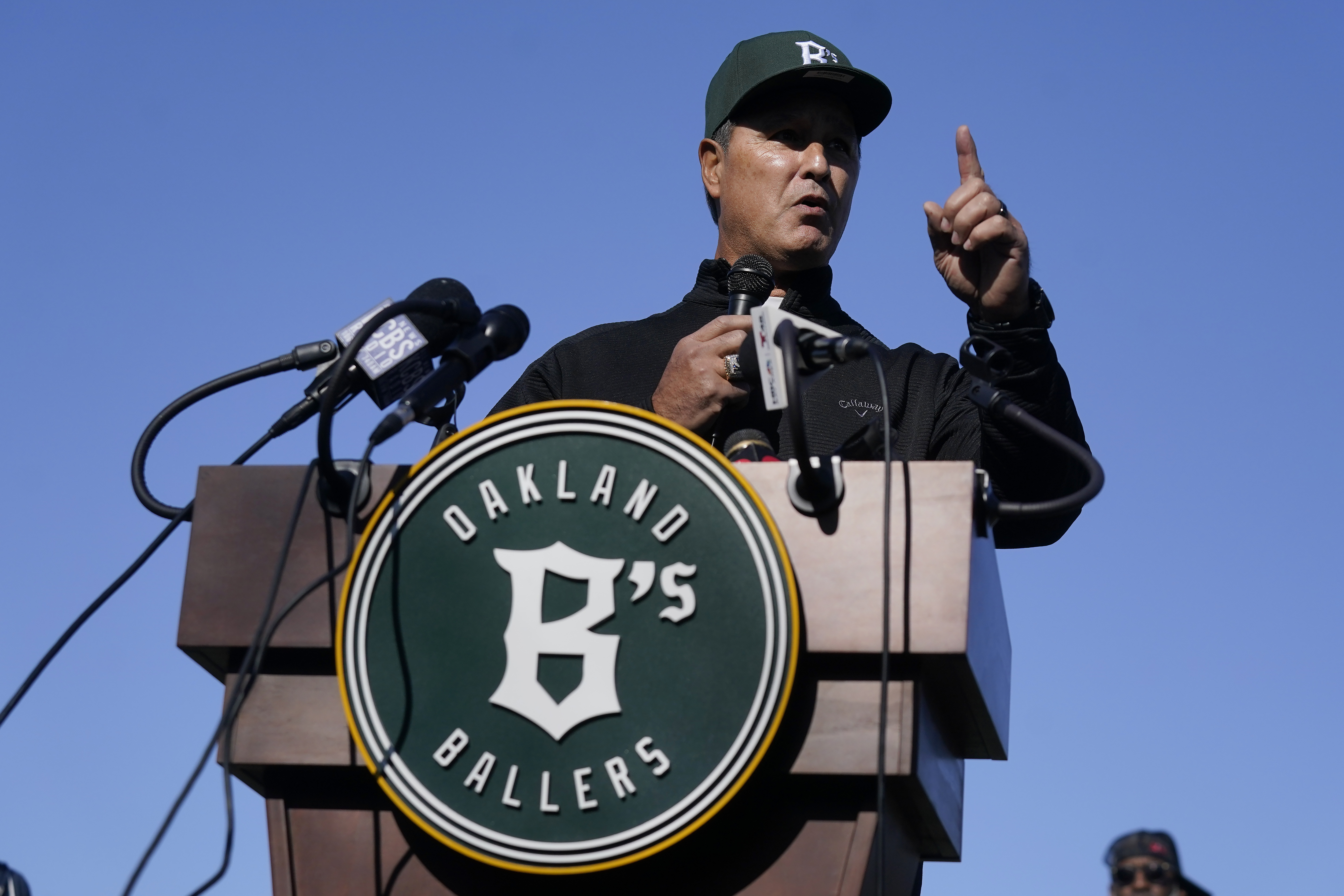 FILE- Oakland Ballers executive vice president of baseball operations Don Wakamatsu speaks during a news conference at Laney College in Oakland, Calif., Tuesday, Nov. 28, 2023.