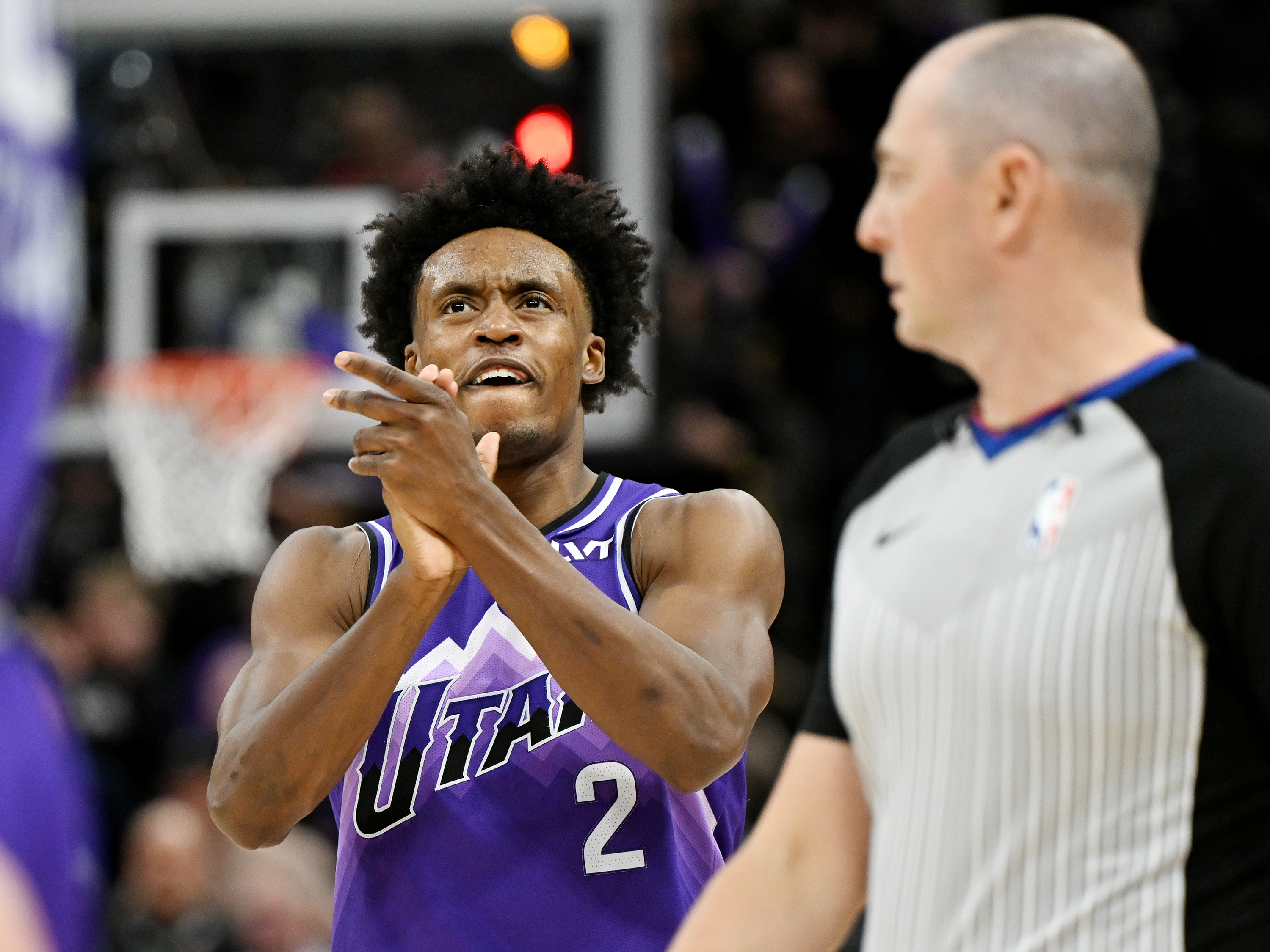 Utah Jazz guard Collin Sexton (2) claps his hands at a time out as the Utah Jazz and Detroit Pistons play at the Delta Center in Salt Lake City on Wednesday, Jan. 3, 2024. Jazz won 154-148.