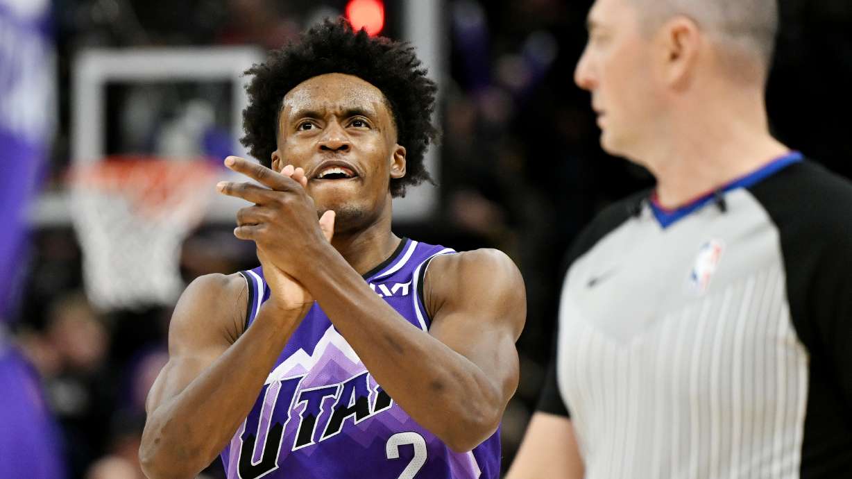 Utah Jazz guard Collin Sexton (2) claps his hands at a time out as the Utah Jazz and Detroit Pistons play at the Delta Center in Salt Lake City on Wednesday, Jan. 3, 2024. Jazz won 154-148.