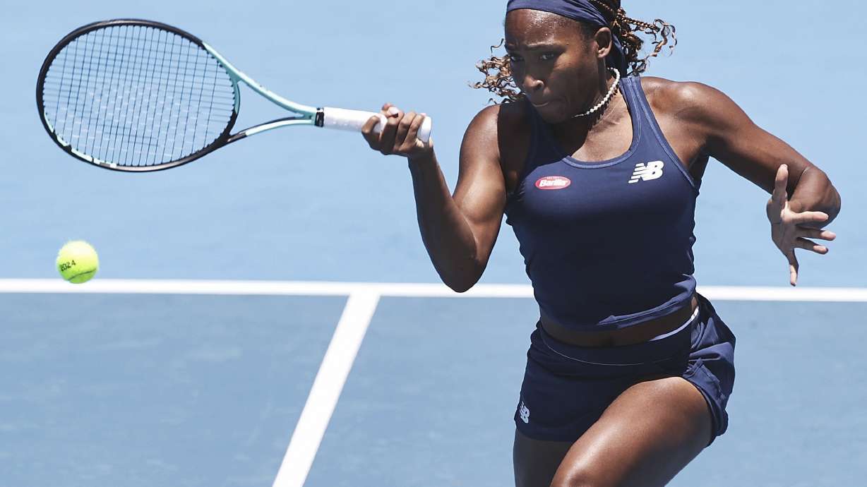 Coco Gauff of United States plays a forehand return to Brenda Fruhvirtova of Czech Republic at the ASB Tennis Classic in Auckland, New Zealand, Thursday, Jan. 4, 2024.