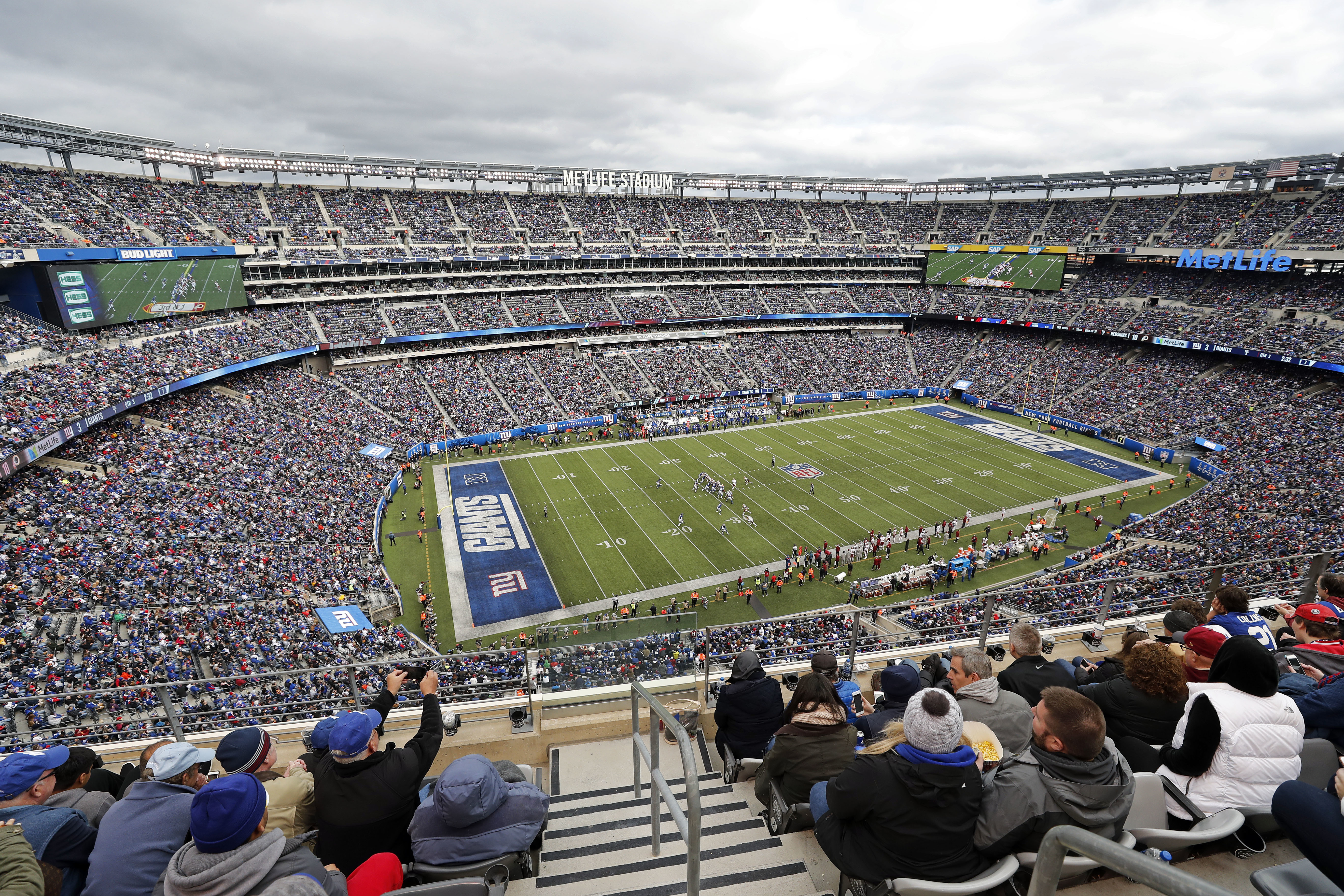FILE - A general view as the Washington Redskins take on the New York Giants during an NFL football game Sunday, Oct. 28, 2018, at Metlife Stadium in East Rutherford, N.J. MetLife Stadium officials plan to remove 1,740 seats to widen the field for World Cup matches as they hope to host the 2026 final but will retain a narrower surface for this year’s Copa América.